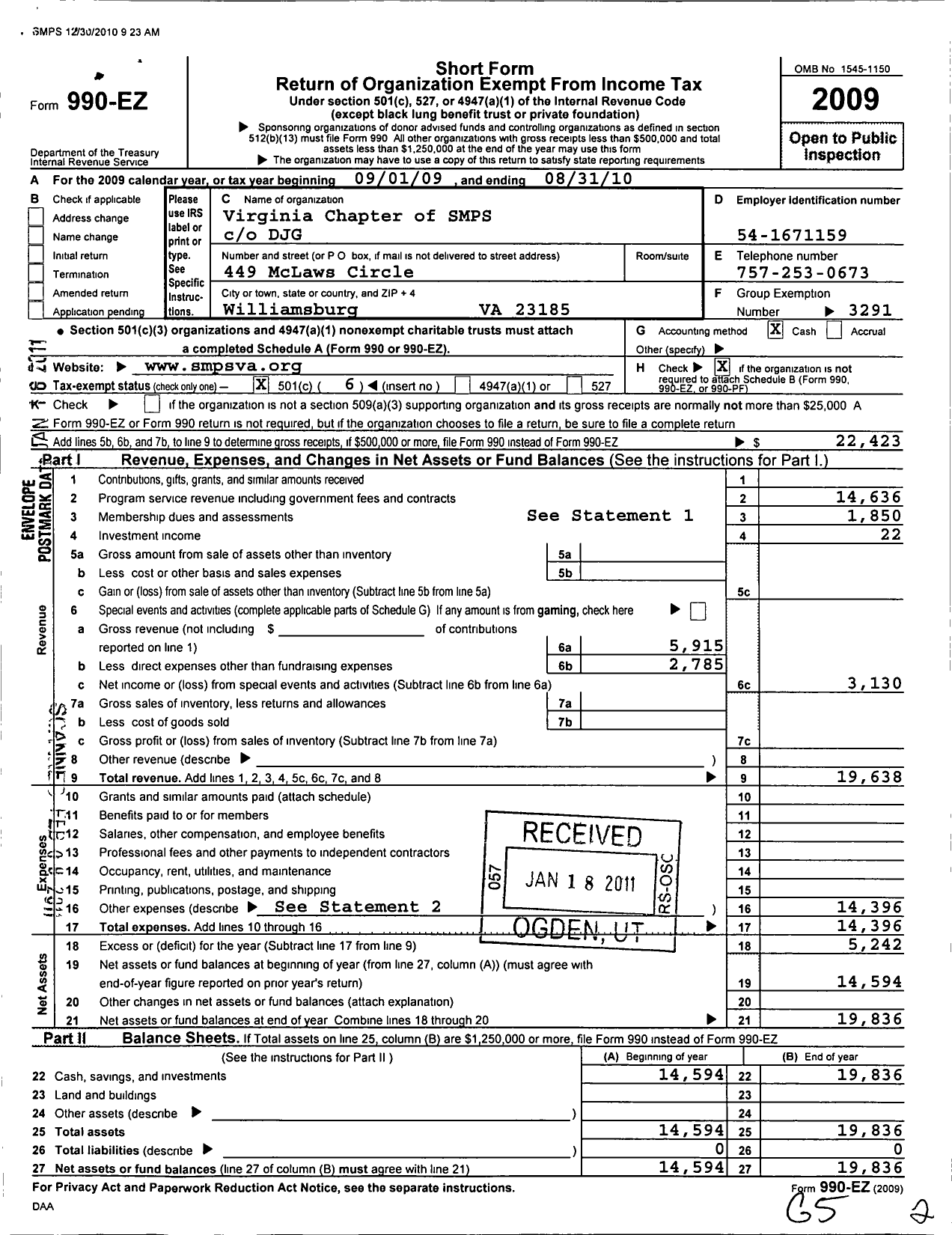 Image of first page of 2009 Form 990EO for Society for Marketing Professional Services / Virginia Chapter of SMPS