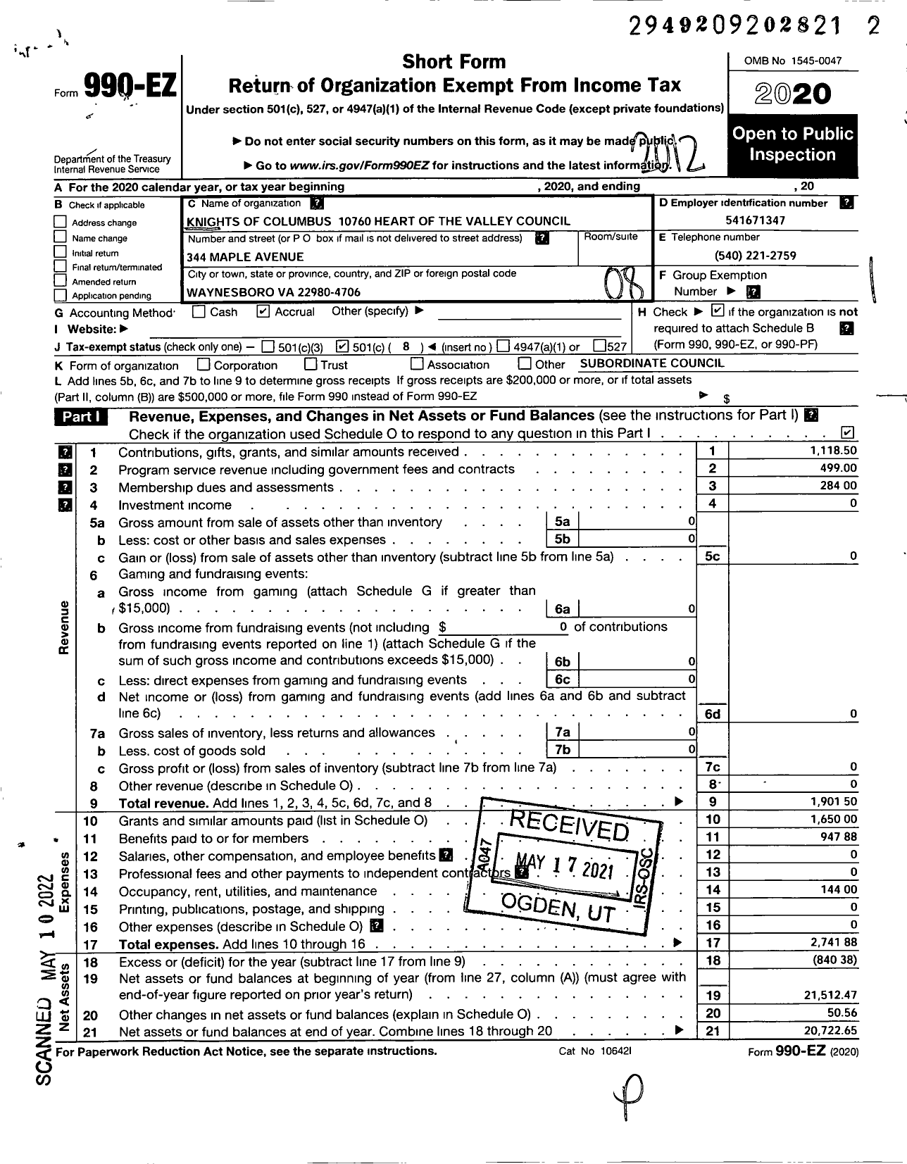 Image of first page of 2020 Form 990EO for Knights of Columbus - 10760 Heart of the Valley Council