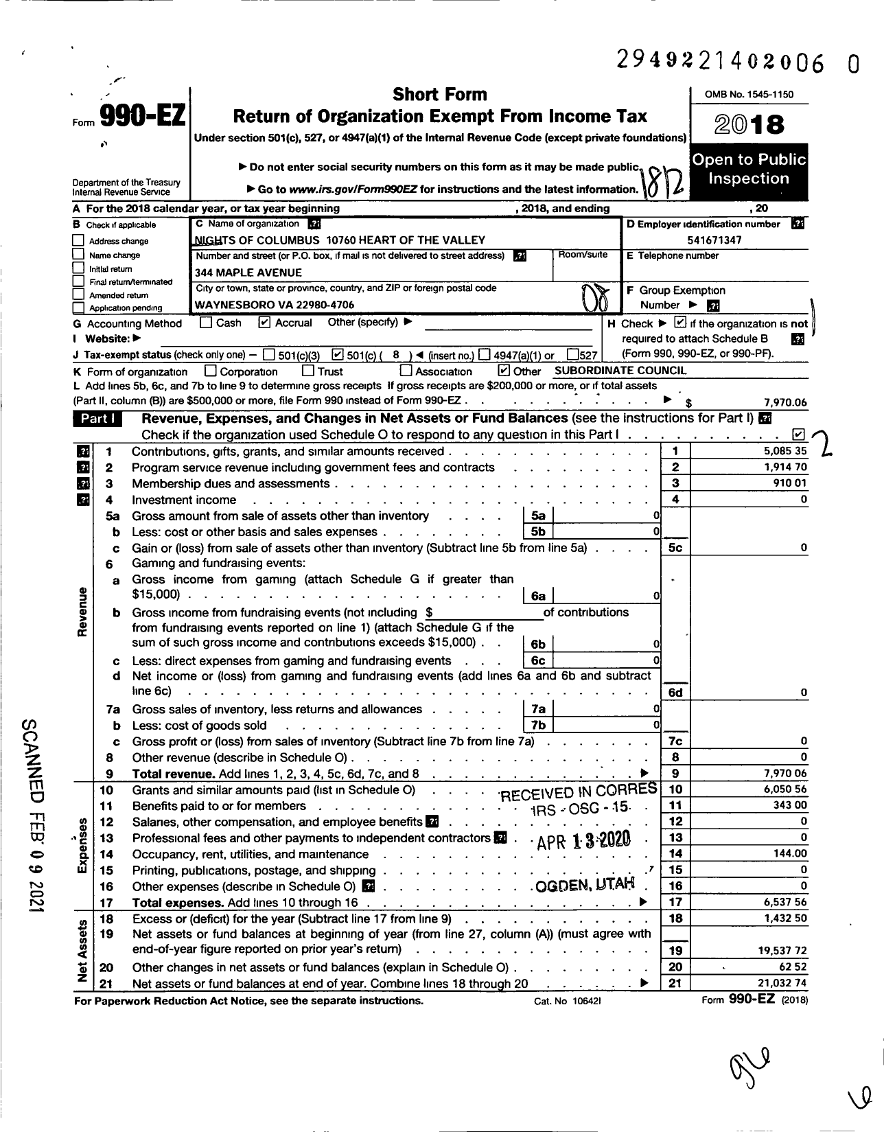 Image of first page of 2018 Form 990EO for Knights of Columbus - 10760 Heart of the Valley Council