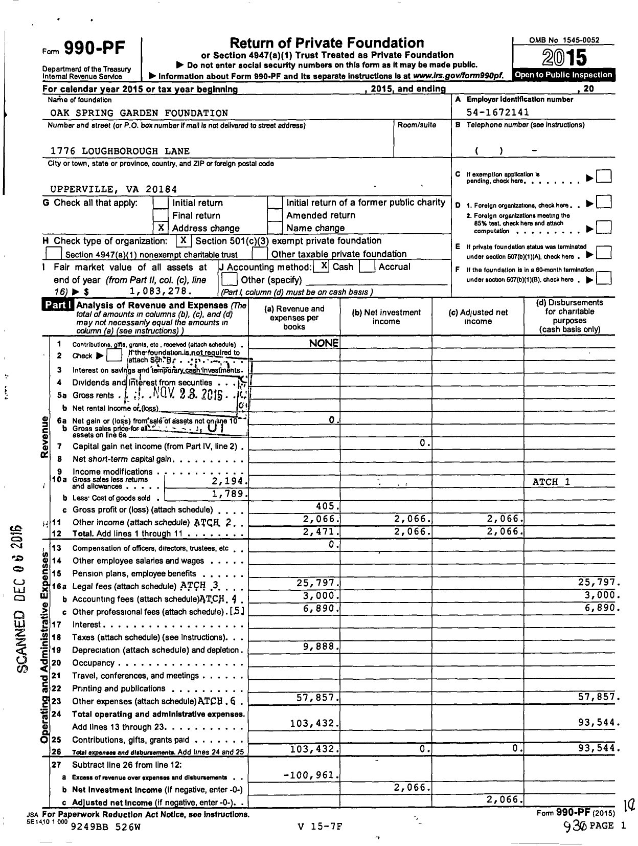 Image of first page of 2015 Form 990PF for Oak Spring Garden Foundation (OSGF)