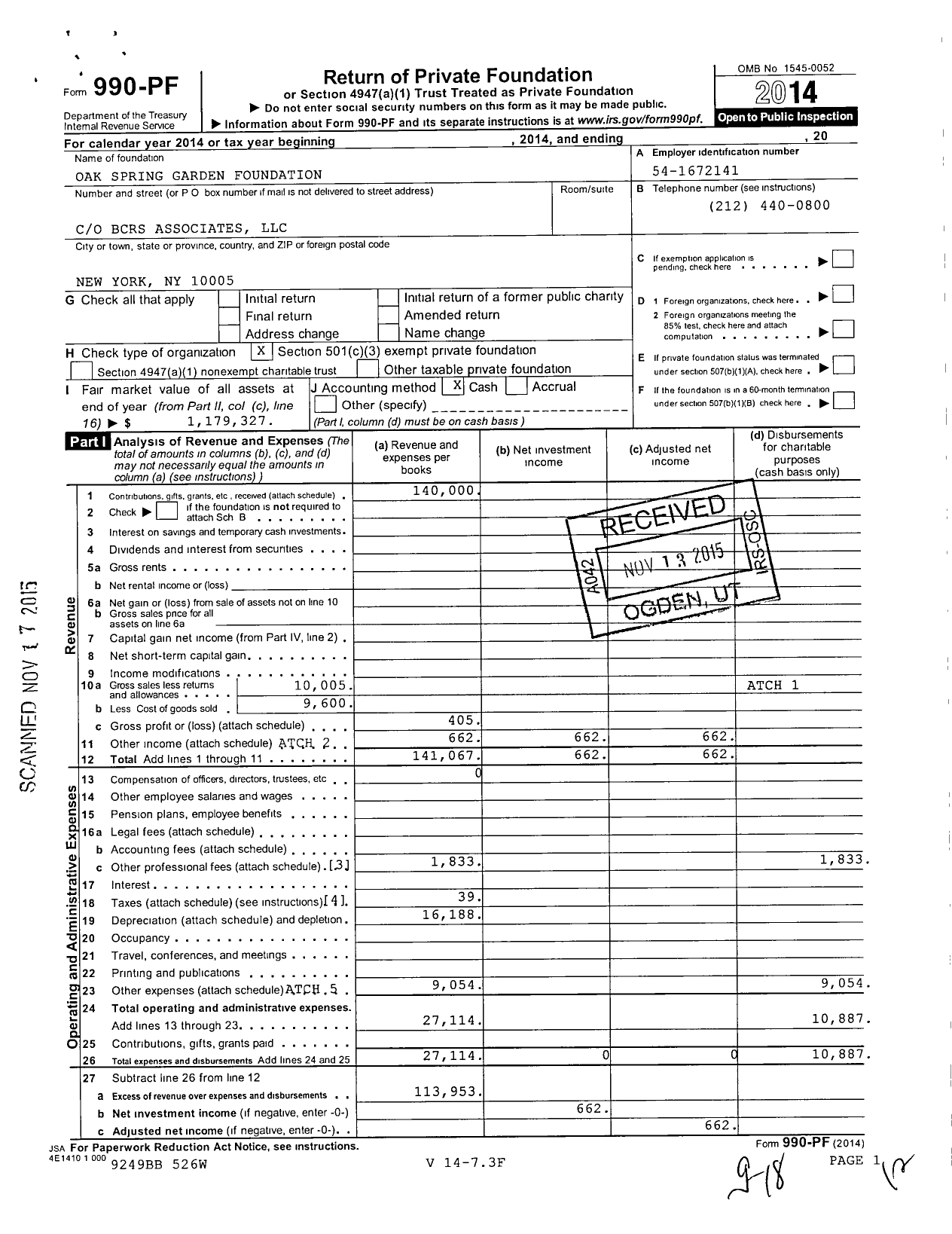 Image of first page of 2014 Form 990PF for Oak Spring Garden Foundation (OSGF)