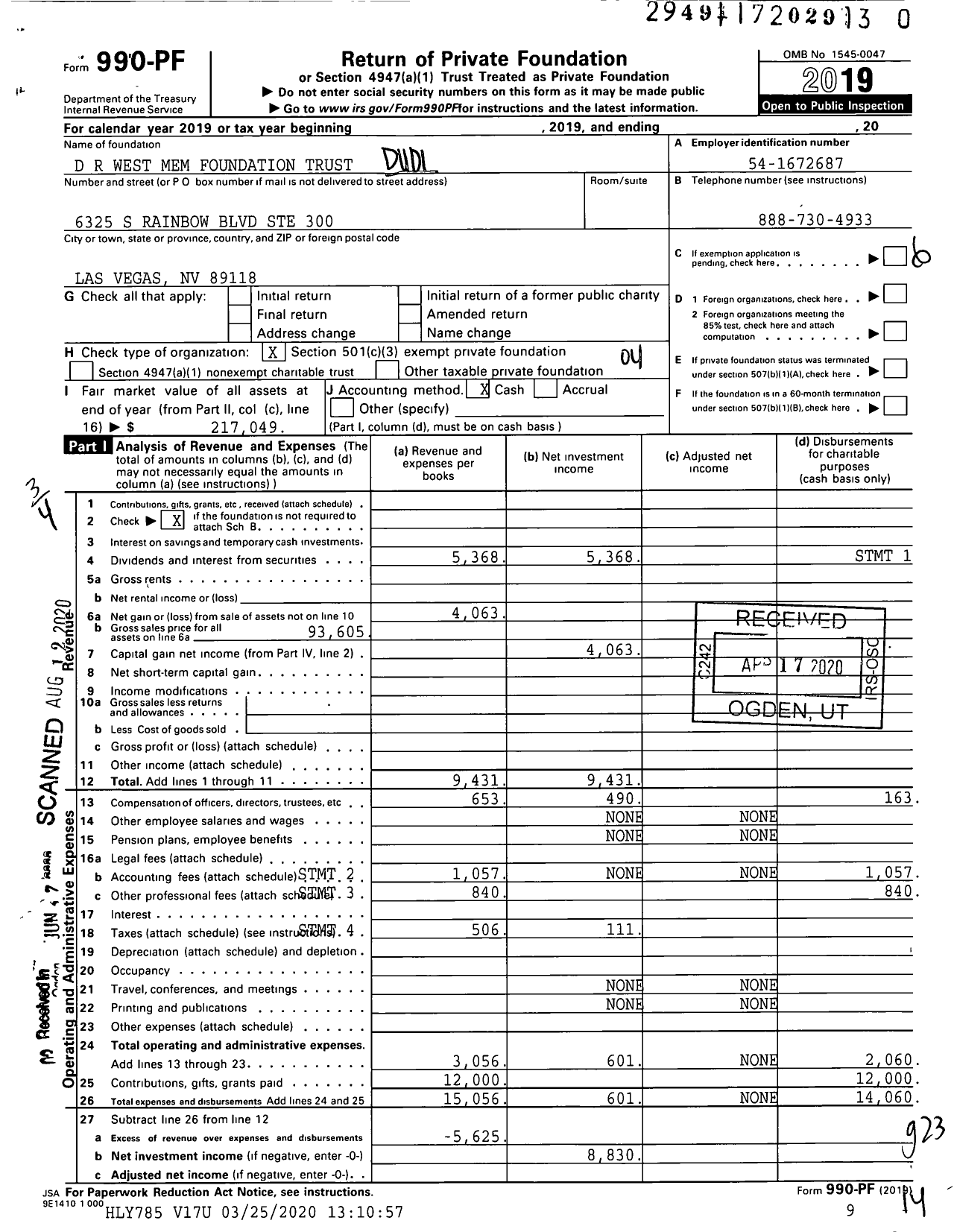 Image of first page of 2019 Form 990PR for D R West Mem Foundation Trust