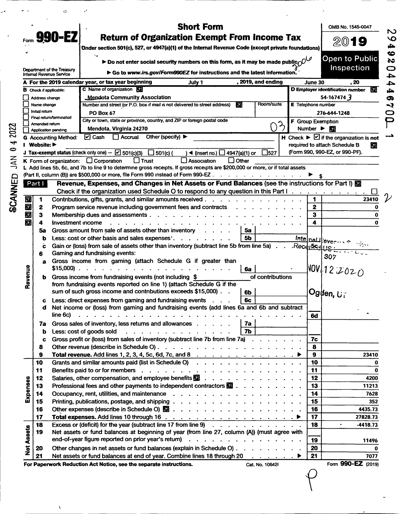 Image of first page of 2019 Form 990EZ for Mendota Community Association