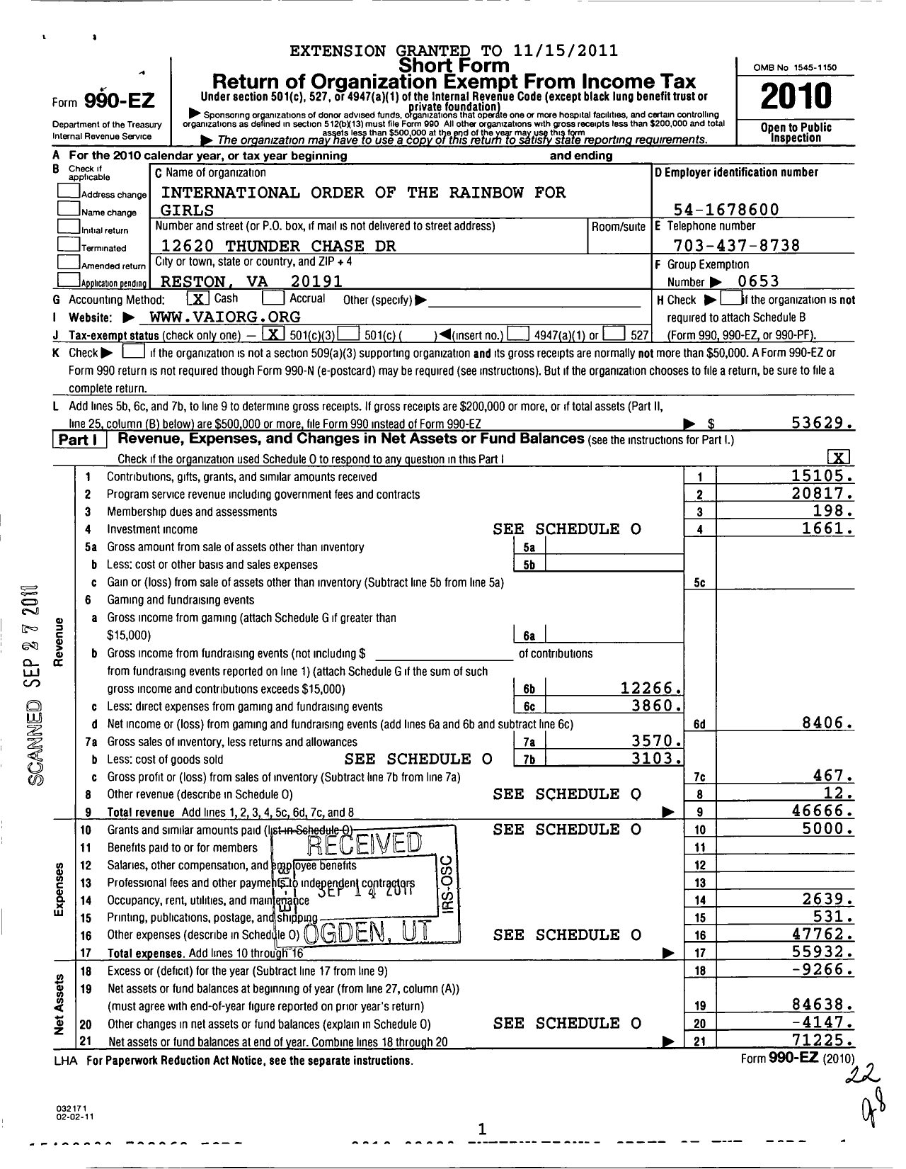 Image of first page of 2010 Form 990EZ for International Order of the Rainbow Girls - Virginia Grand Assembly