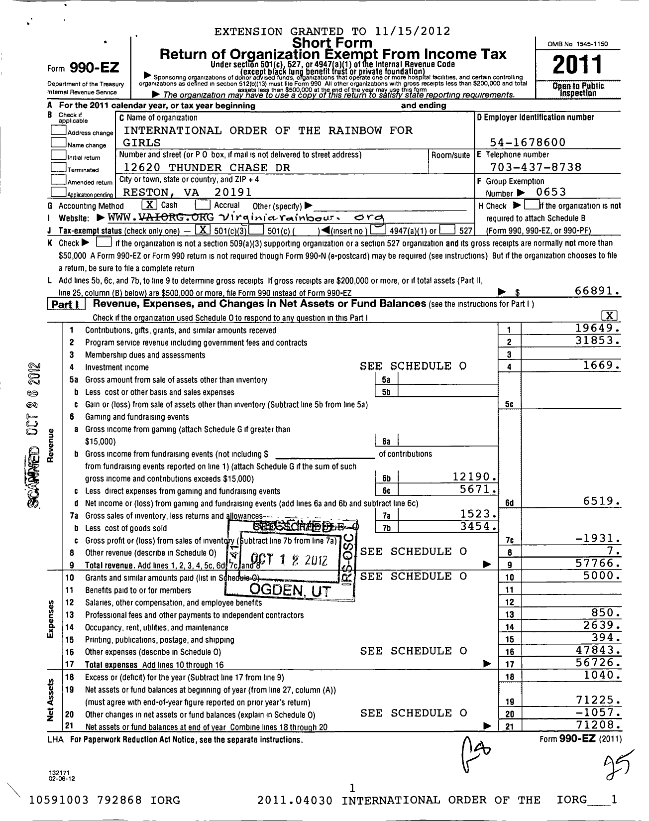 Image of first page of 2011 Form 990EZ for International Order of the Rainbow Girls - Virginia Grand Assembly