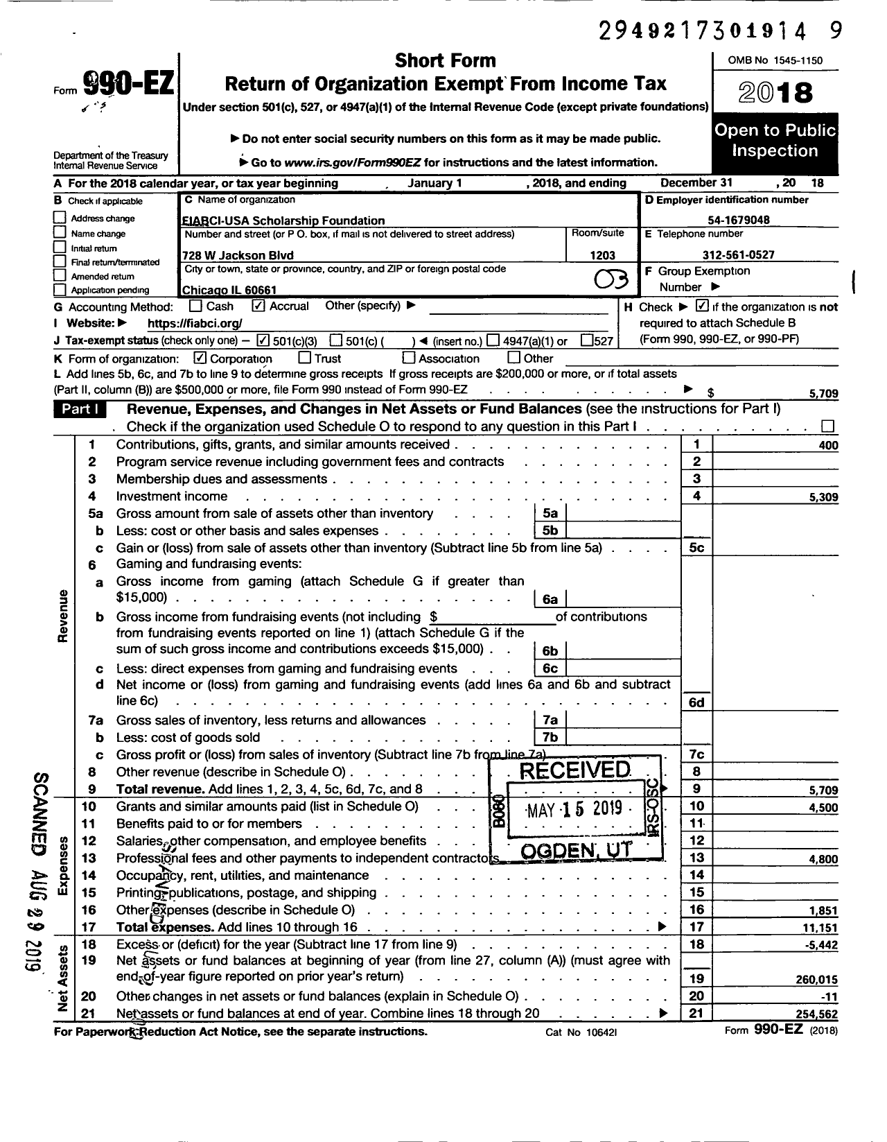 Image of first page of 2018 Form 990EZ for Fiabci Scholarship Foundation