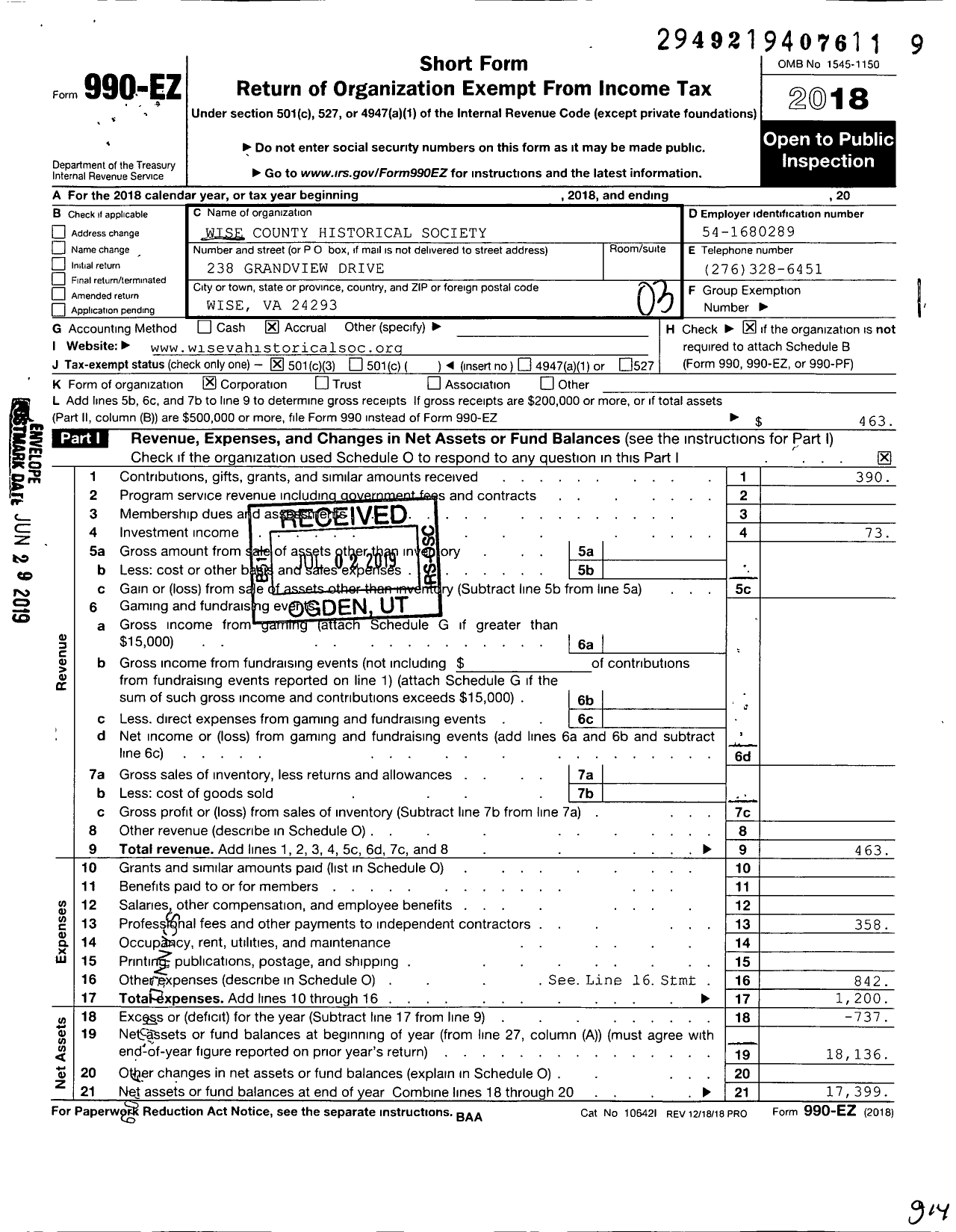 Image of first page of 2018 Form 990EZ for Wise County Historical Society