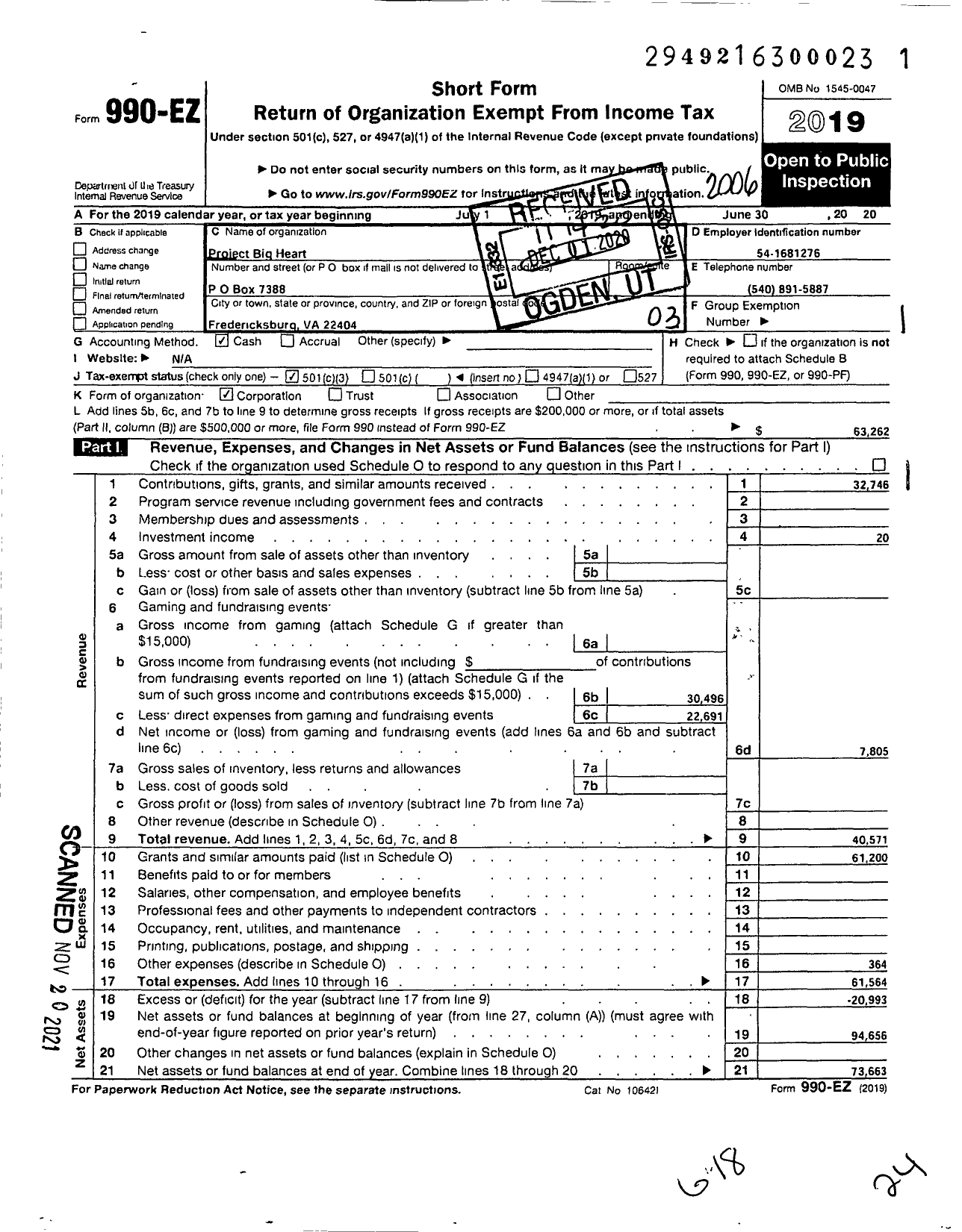 Image of first page of 2019 Form 990EZ for Project Big Heart