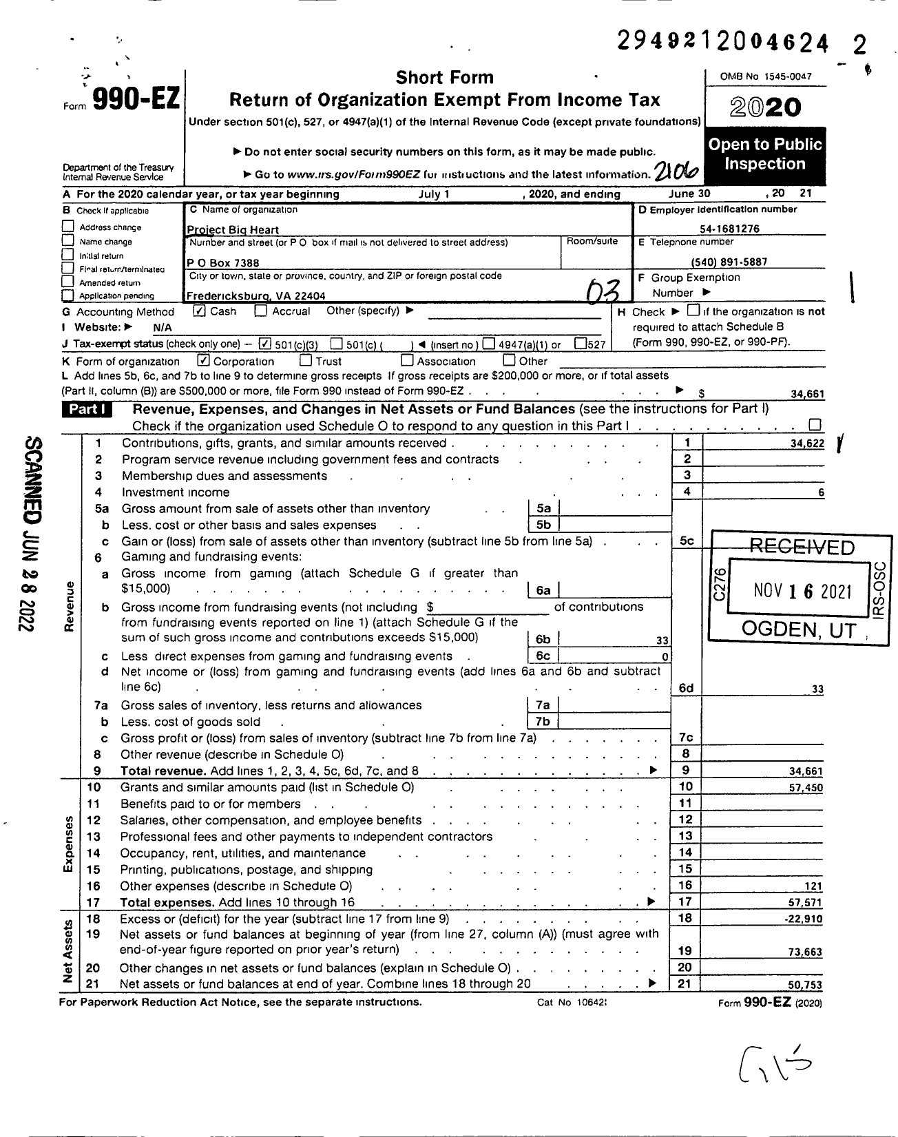 Image of first page of 2020 Form 990EZ for Project Big Heart