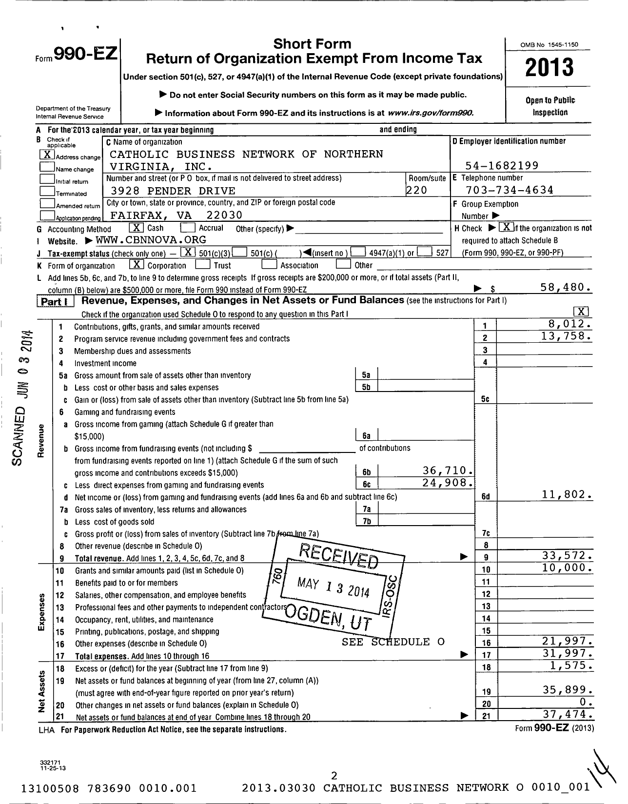 Image of first page of 2013 Form 990EZ for Catholic Business Network of Northern Virginia