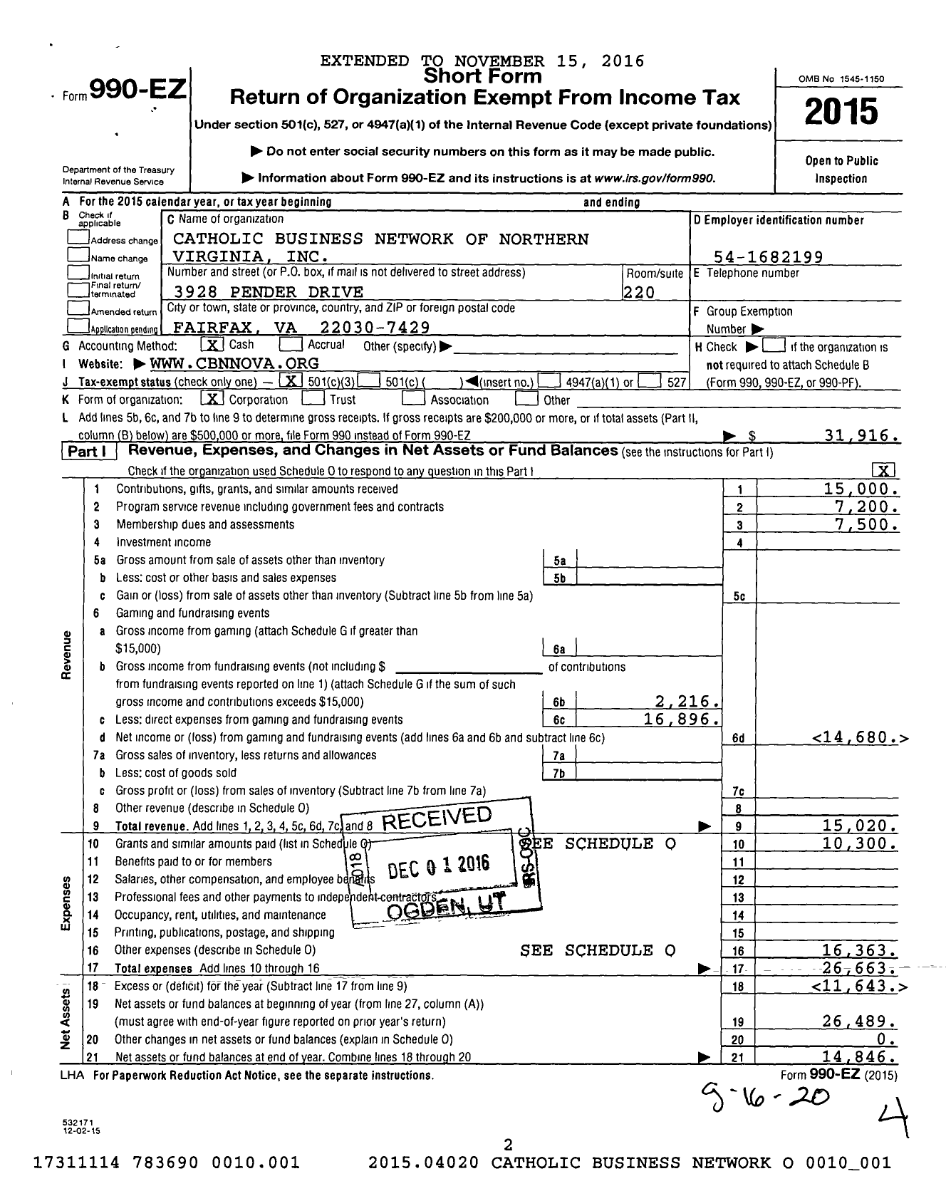 Image of first page of 2015 Form 990EZ for Catholic Business Network of Northern Virginia