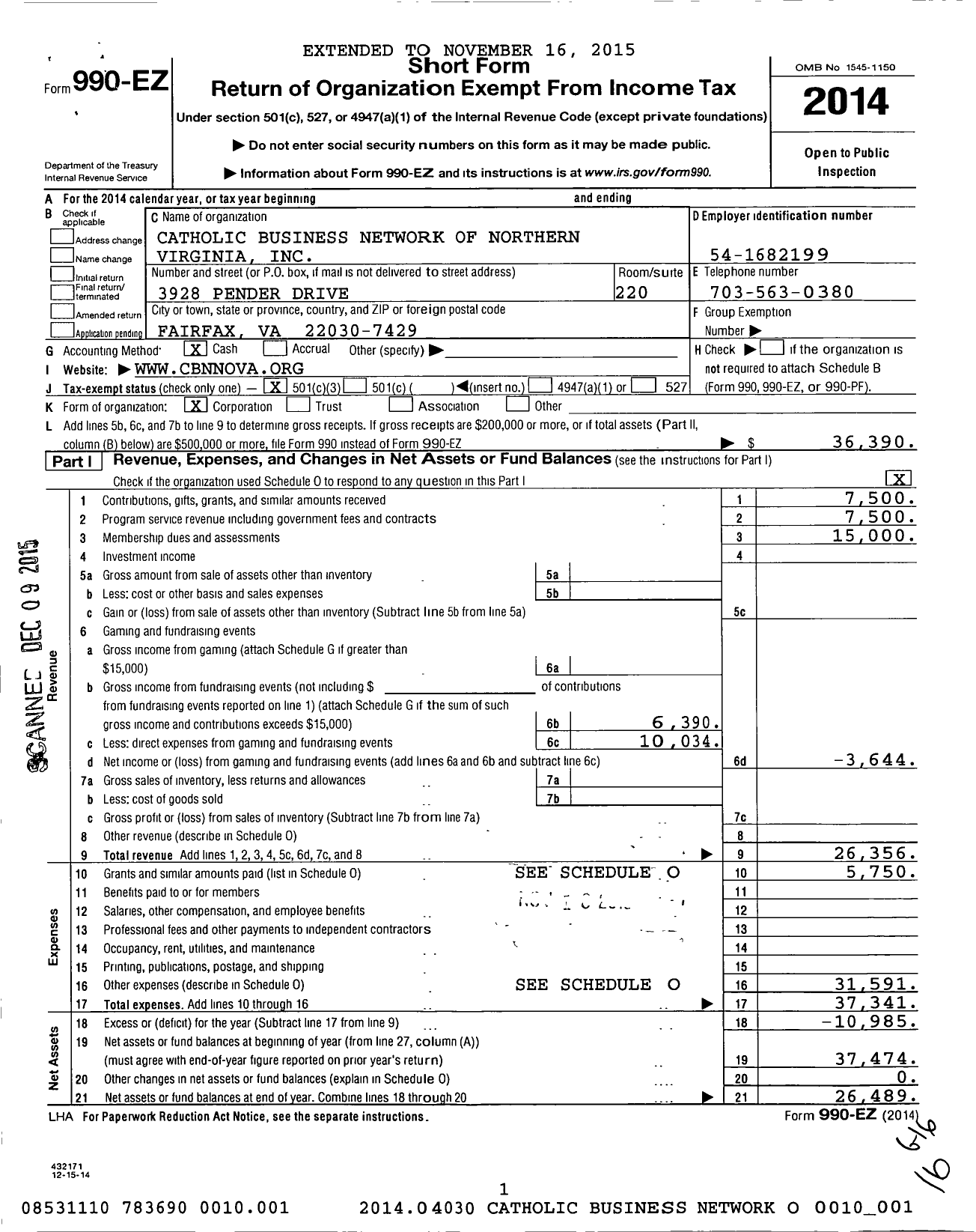 Image of first page of 2014 Form 990EZ for Catholic Business Network of Northern Virginia