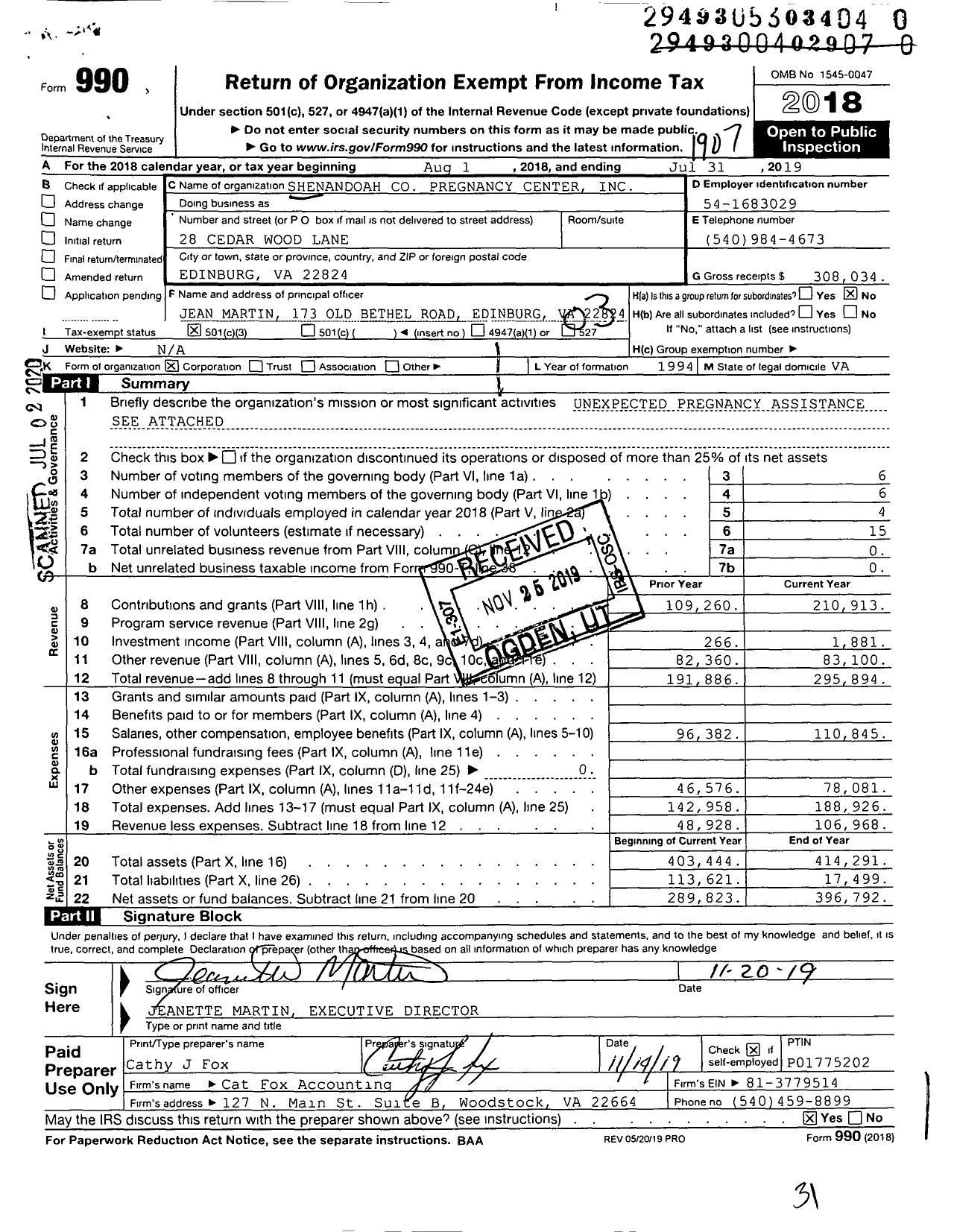 Image of first page of 2018 Form 990 for Shenandoah County Pregnancy Center