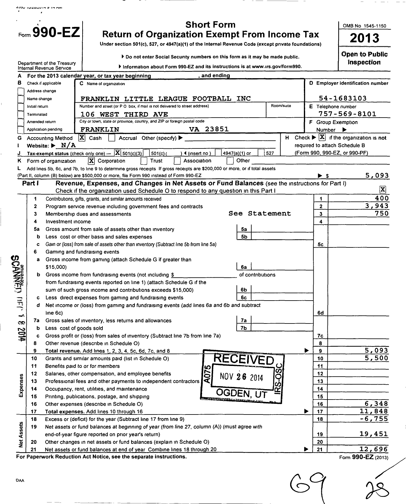 Image of first page of 2013 Form 990EZ for Franklin Little League Football