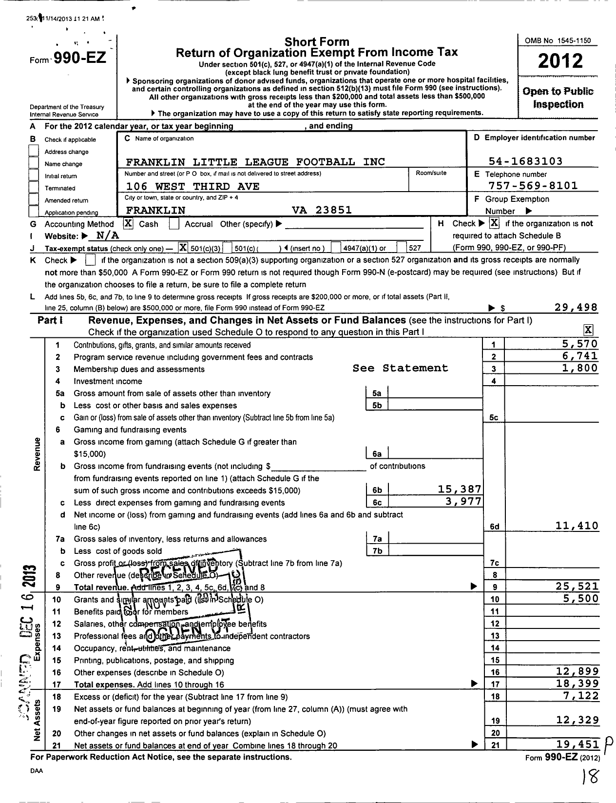 Image of first page of 2012 Form 990EZ for Franklin Little League Football