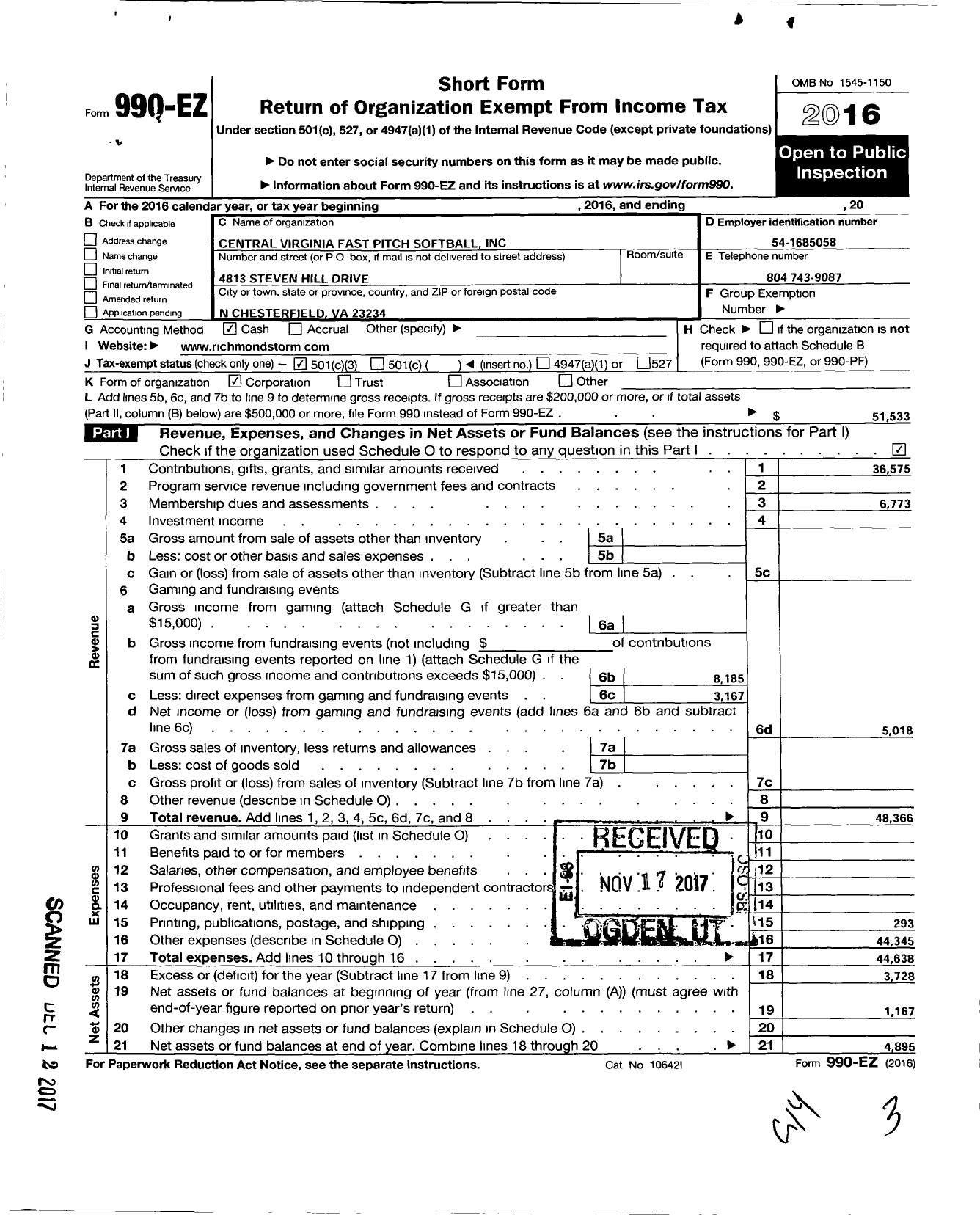 Image of first page of 2016 Form 990EZ for Central Virginia Fast Pitch Softball