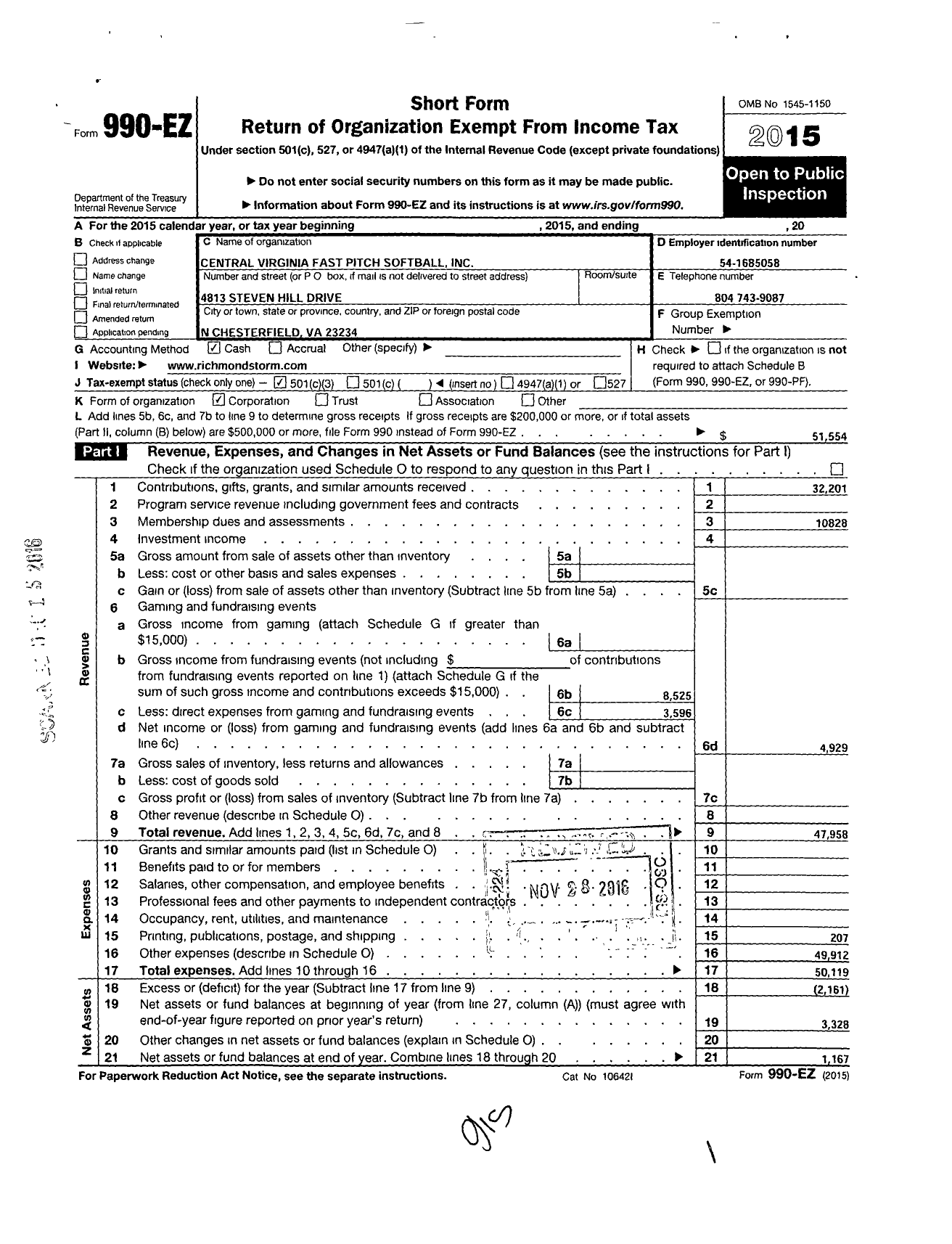 Image of first page of 2015 Form 990EZ for Central Virginia Fast Pitch Softball