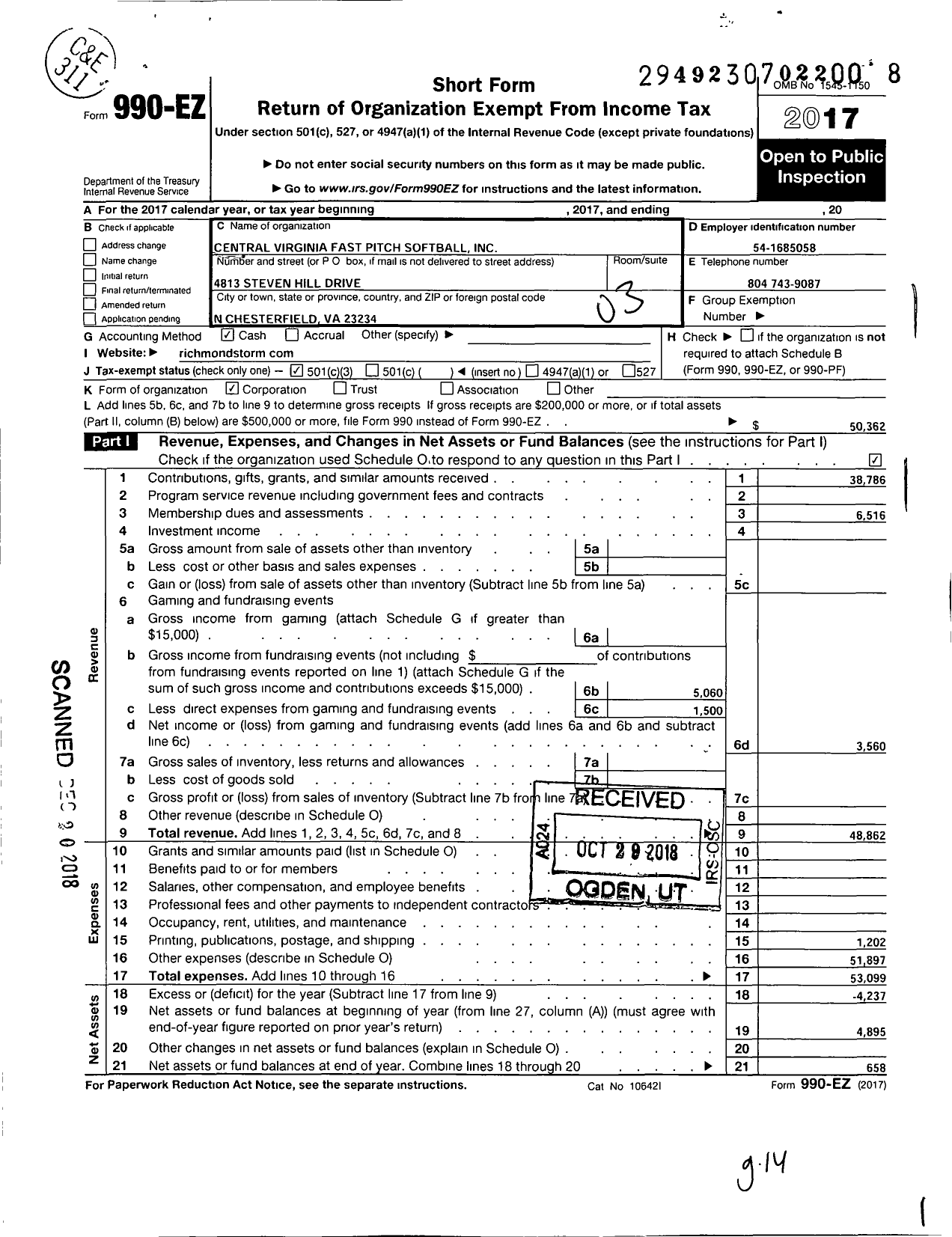 Image of first page of 2017 Form 990EZ for Central Virginia Fast Pitch Softball