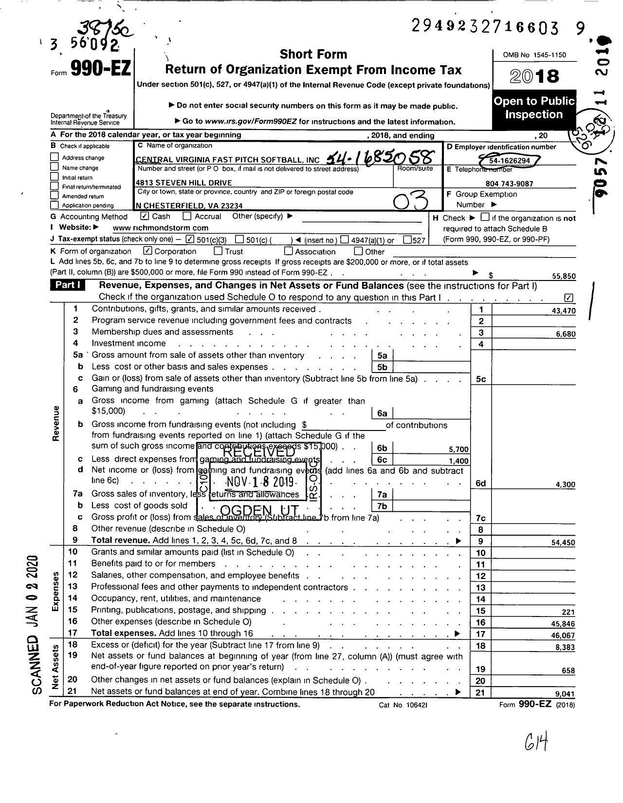 Image of first page of 2018 Form 990EZ for Central Virginia Fast Pitch Softball