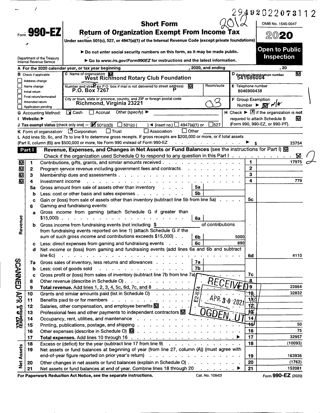 Image of first page of 2020 Form 990EZ for West Richmond Rotary Club Foundation