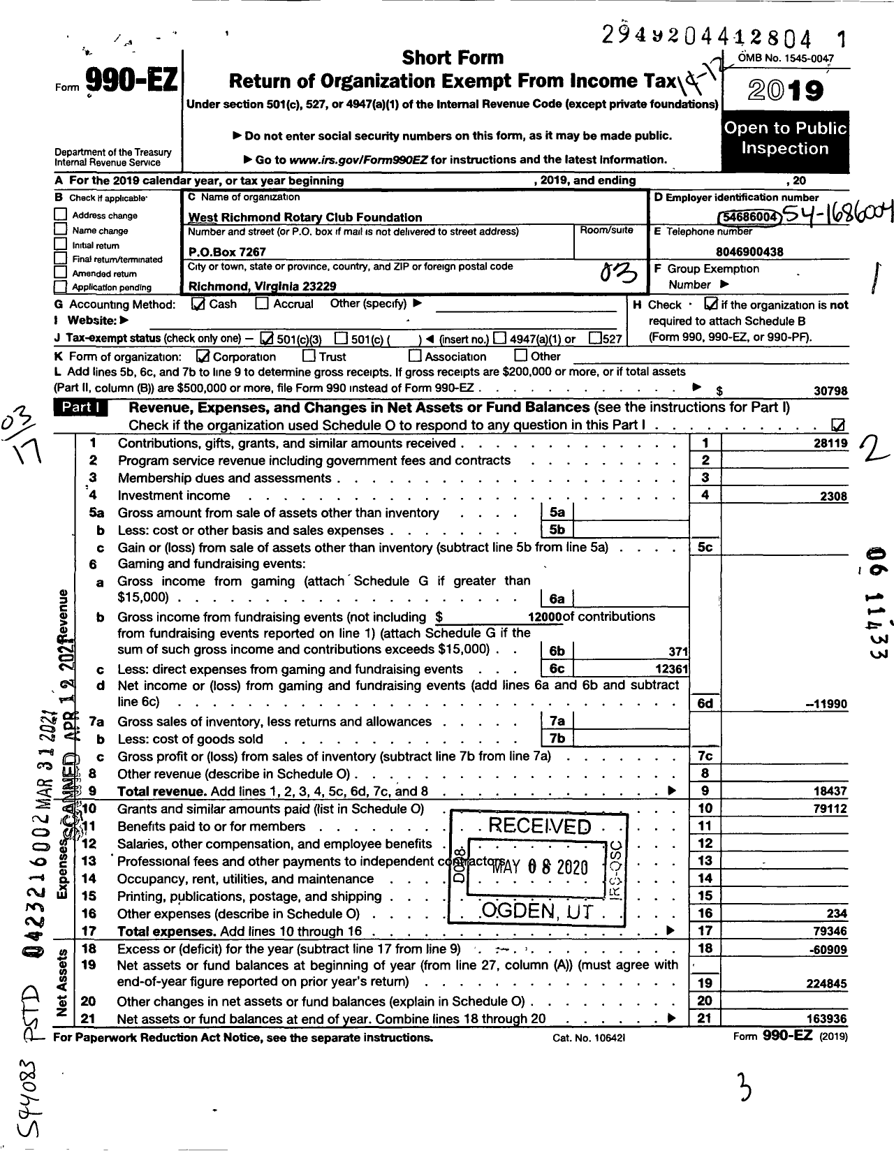 Image of first page of 2019 Form 990EZ for West Richmond Rotary Club Foundation