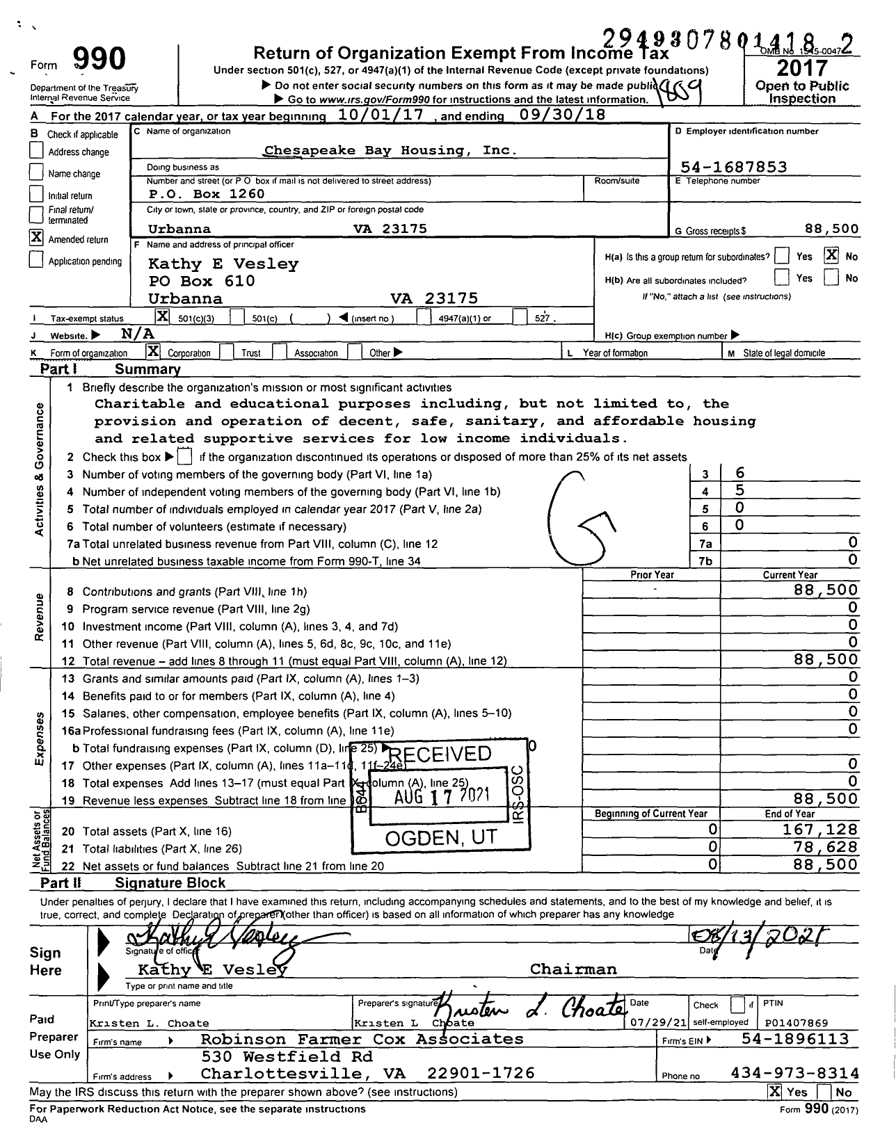 Image of first page of 2017 Form 990 for Chesapeake Bay Housing