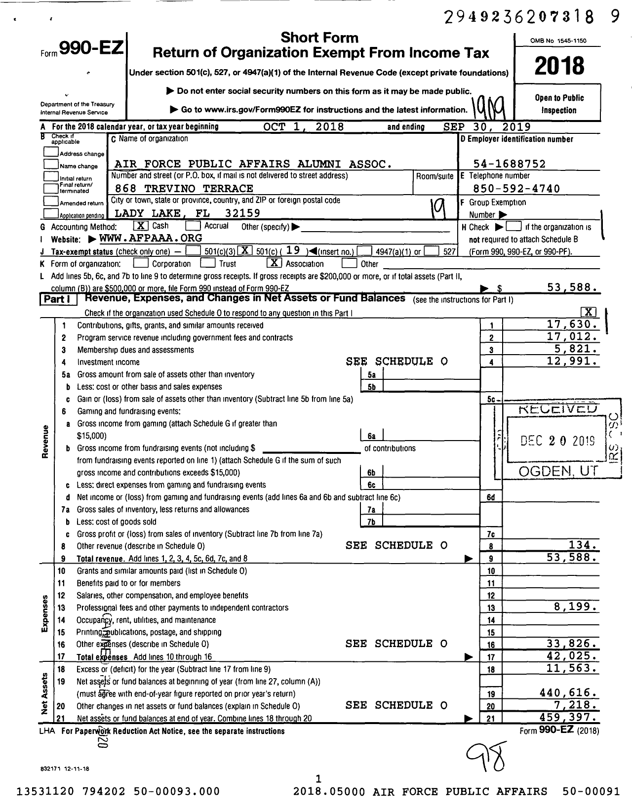 Image of first page of 2018 Form 990EO for Air Force Public Affairs Association