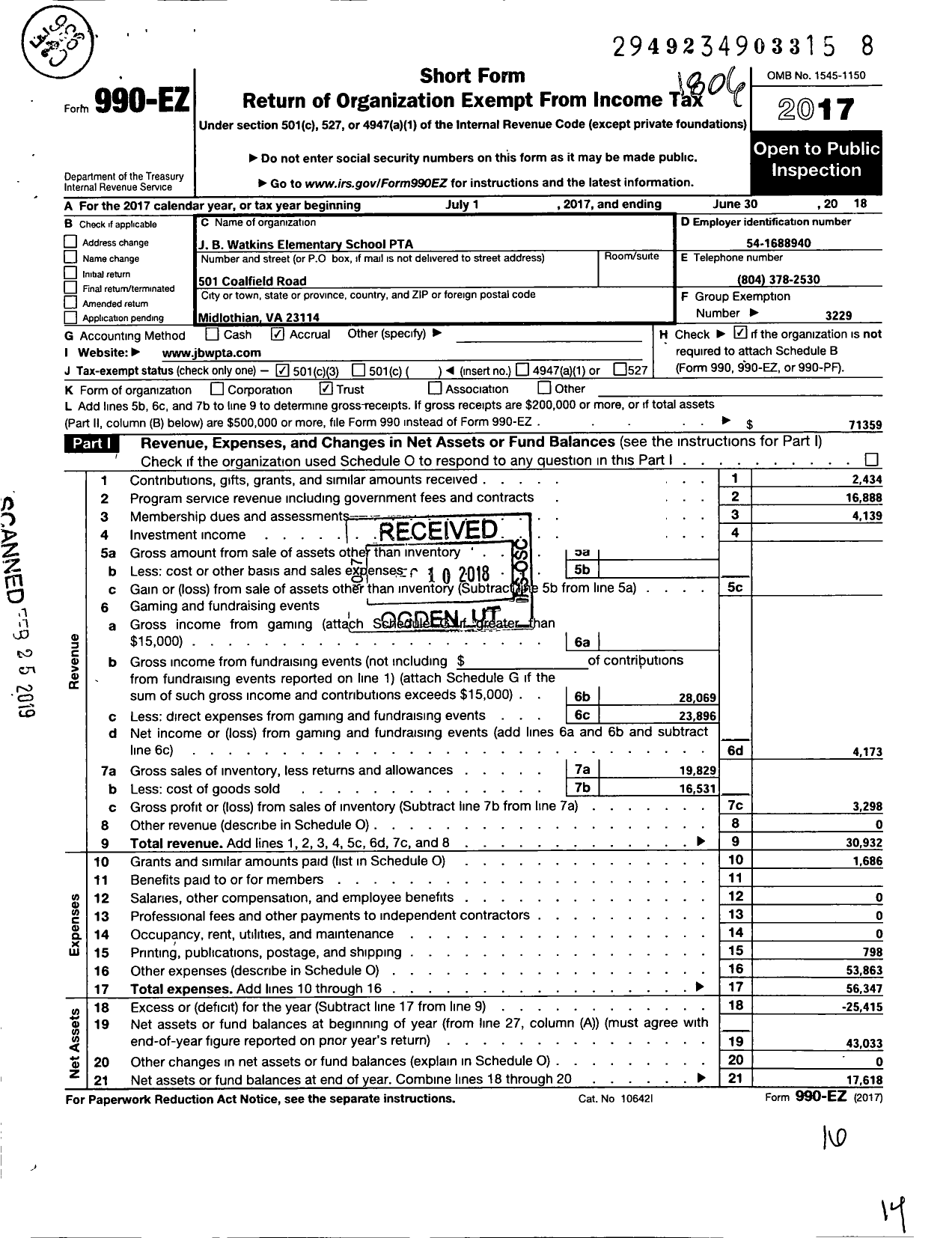 Image of first page of 2017 Form 990EZ for Virginia PTA - J B Watkins Elem PTA