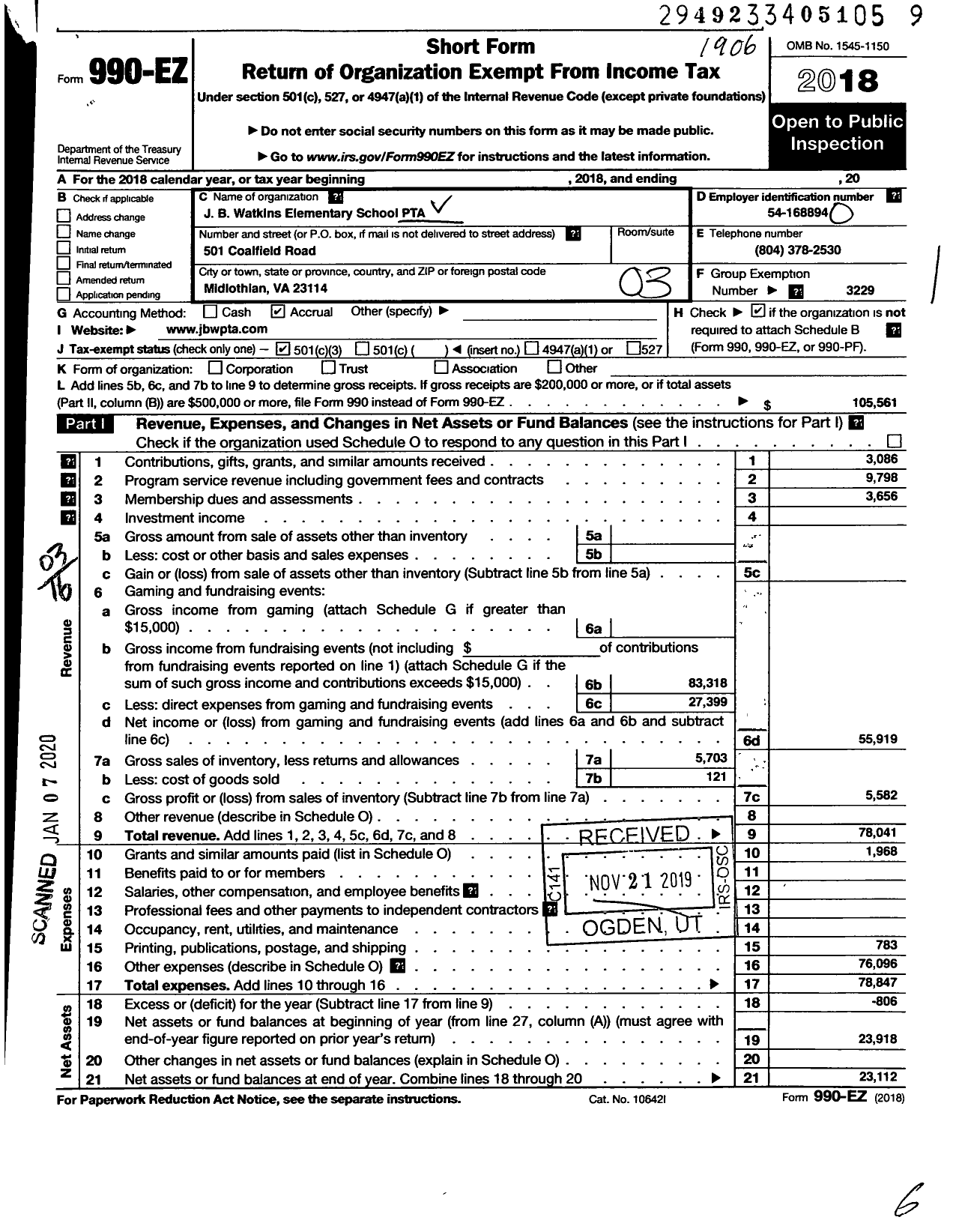 Image of first page of 2018 Form 990EZ for Virginia PTA - J B Watkins Elem PTA