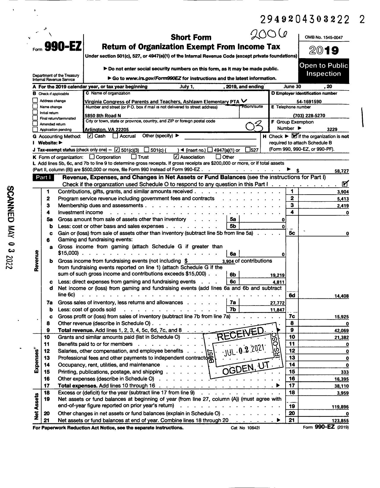 Image of first page of 2019 Form 990EZ for Virginia PTA - Ashlawn Elementary PTA