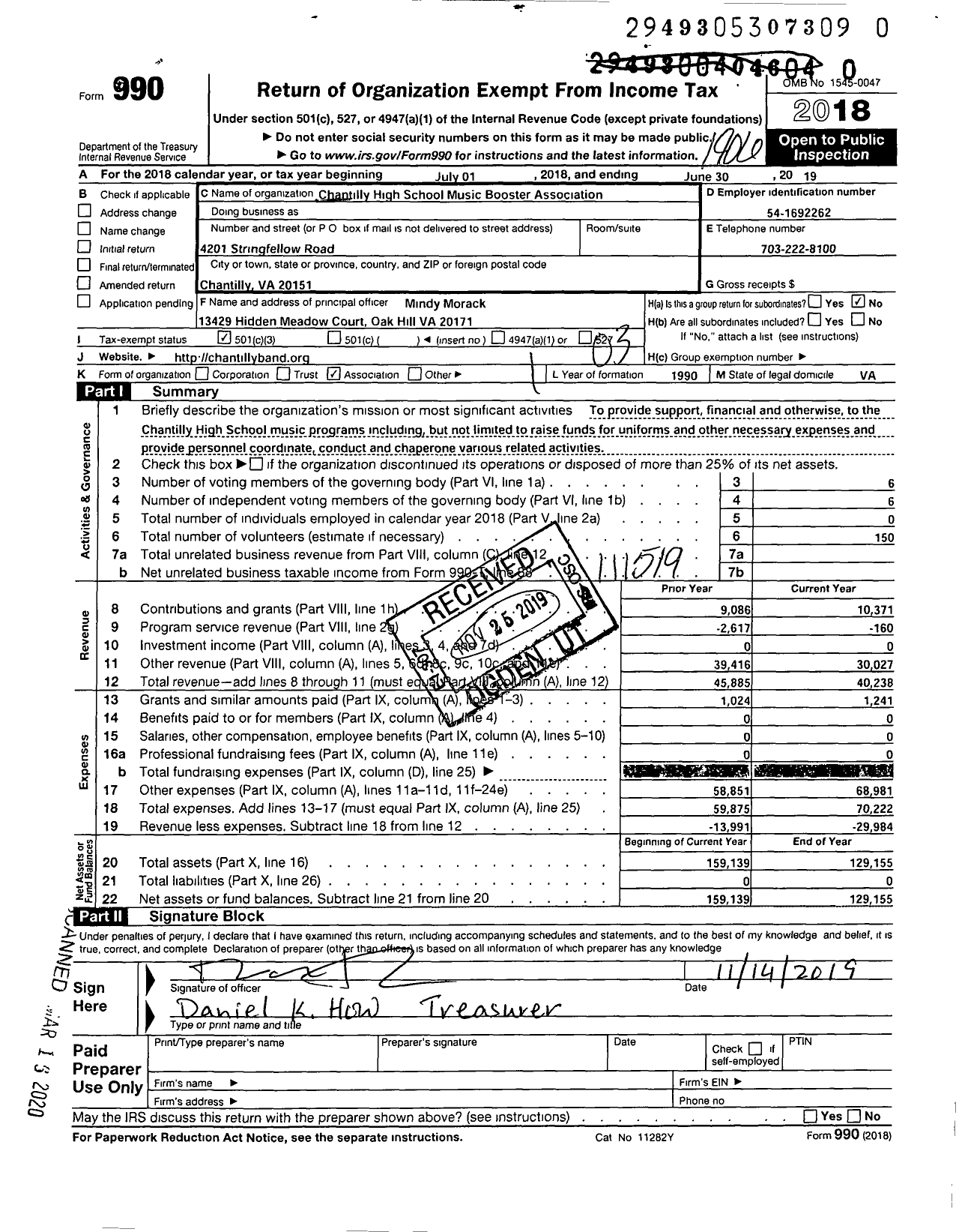 Image of first page of 2018 Form 990 for Chantilly High Music Boosters