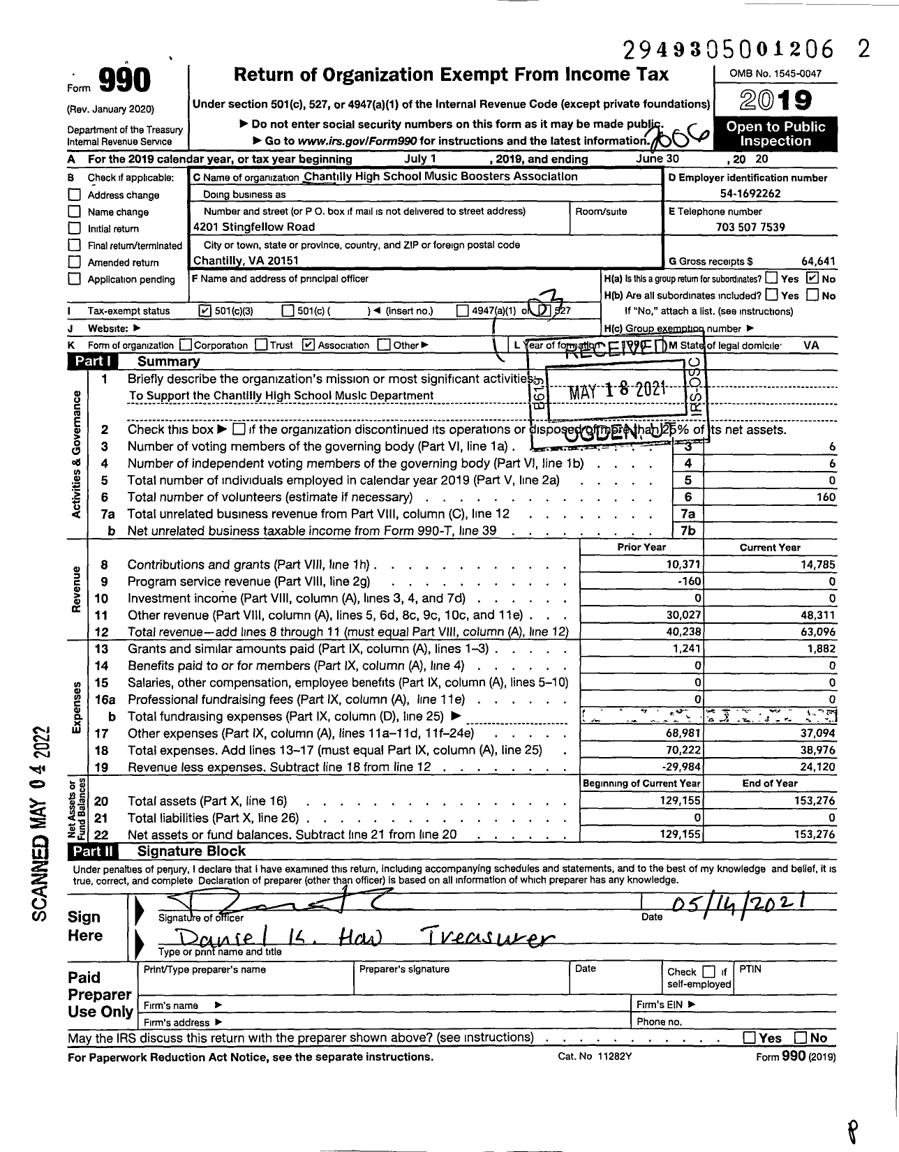 Image of first page of 2019 Form 990 for Chantilly High Music Boosters