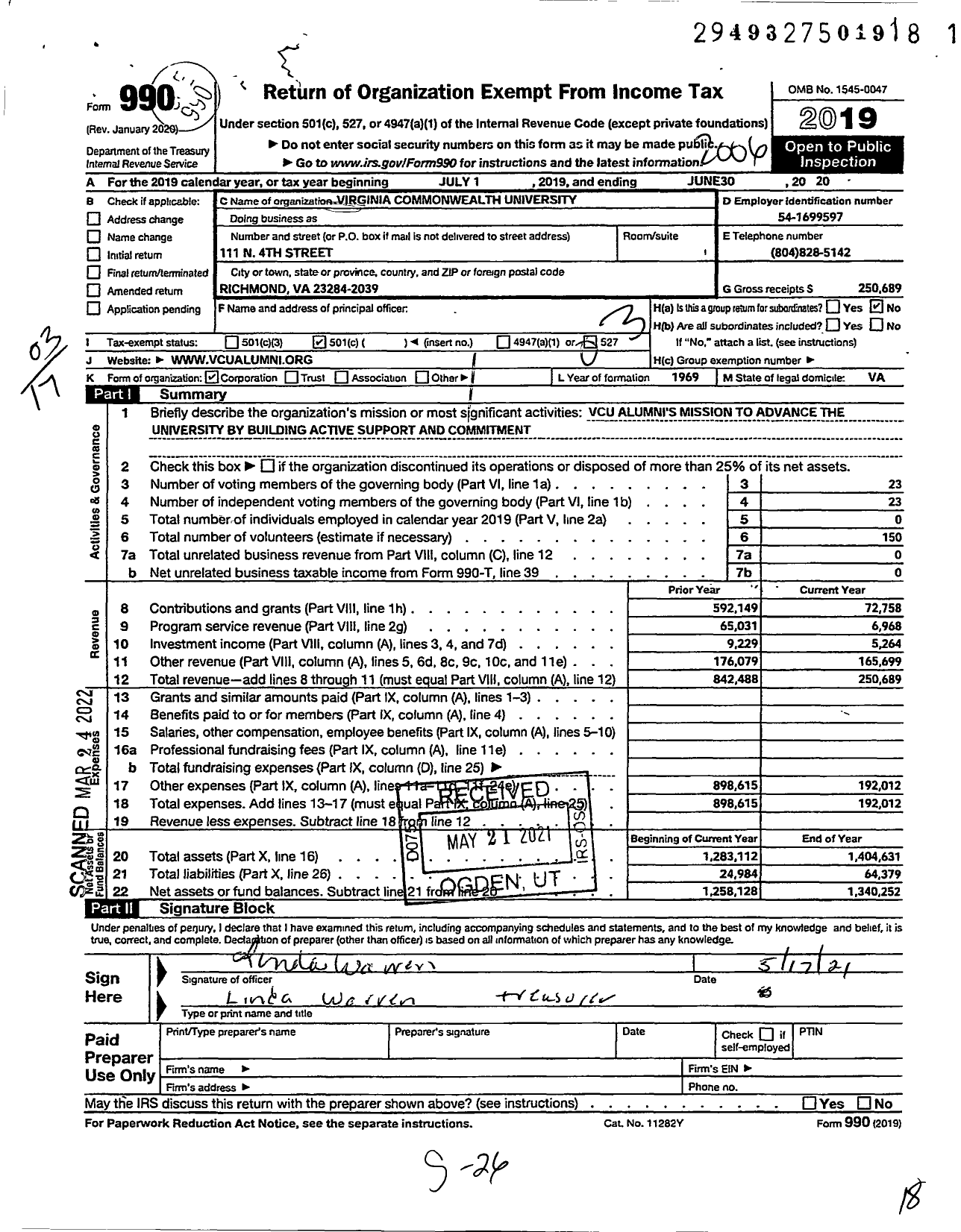 Image of first page of 2019 Form 990O for Virginia Commonwealth University