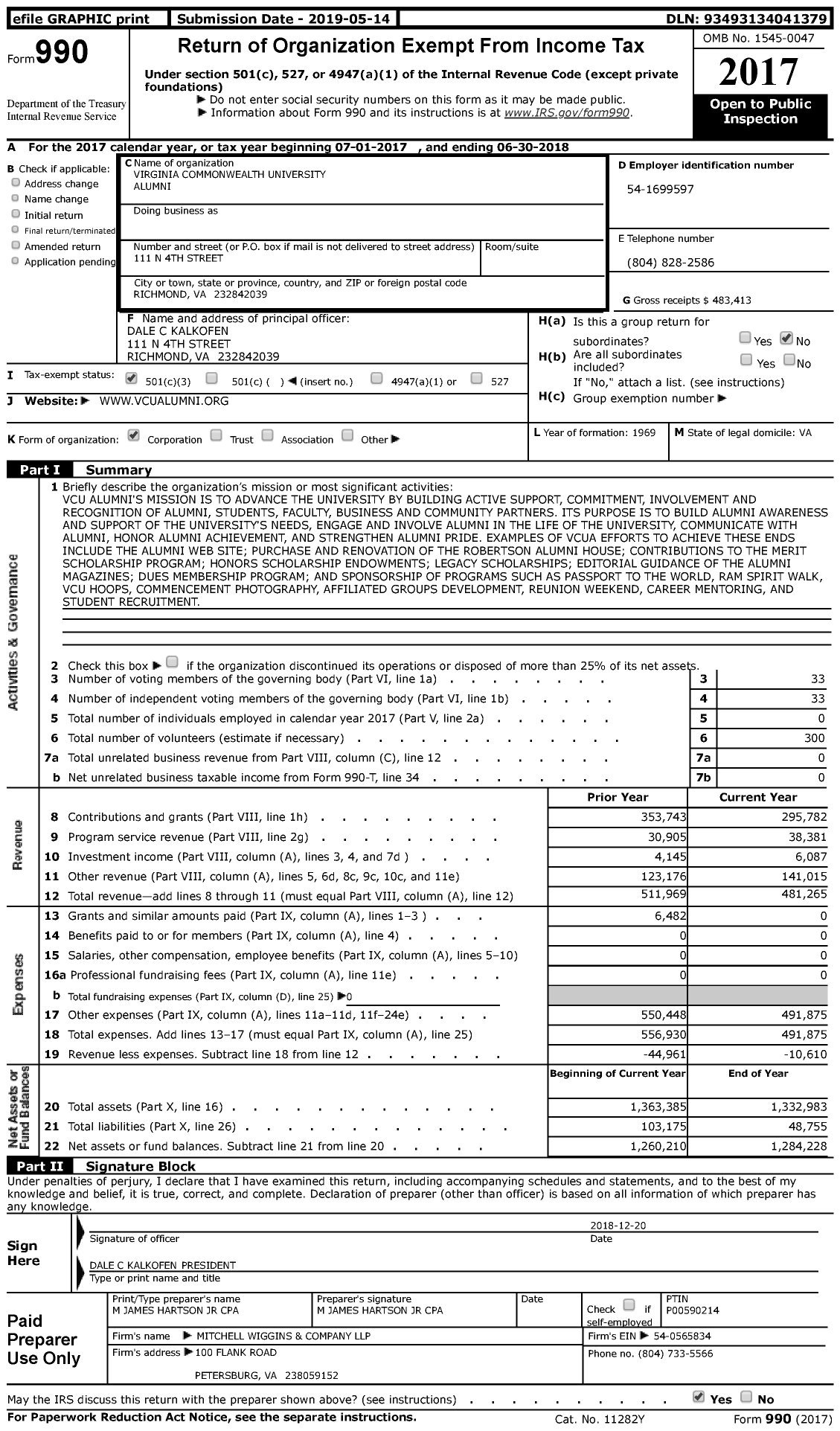 Image of first page of 2017 Form 990 for Virginia Commonwealth University