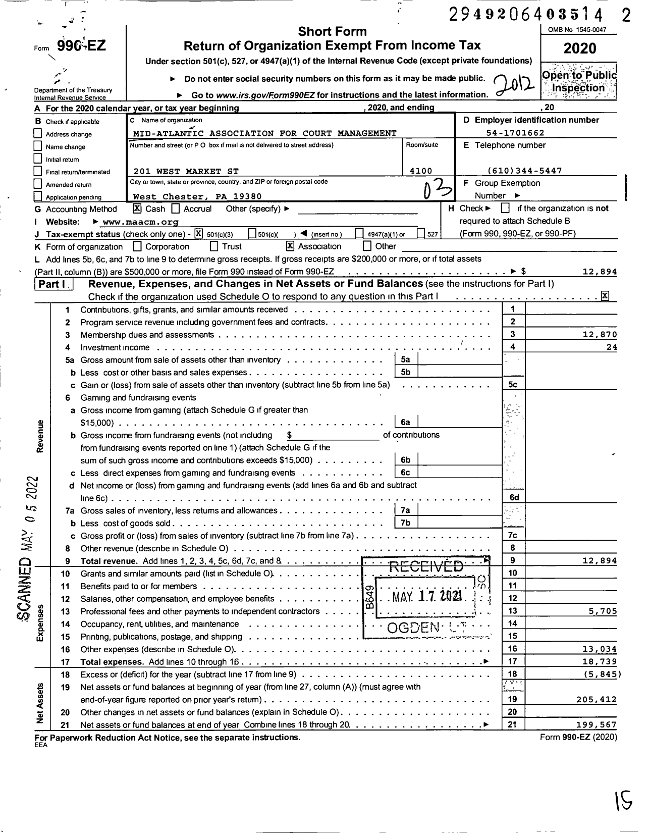 Image of first page of 2020 Form 990EZ for Mid-Atlantic Association for Court Management