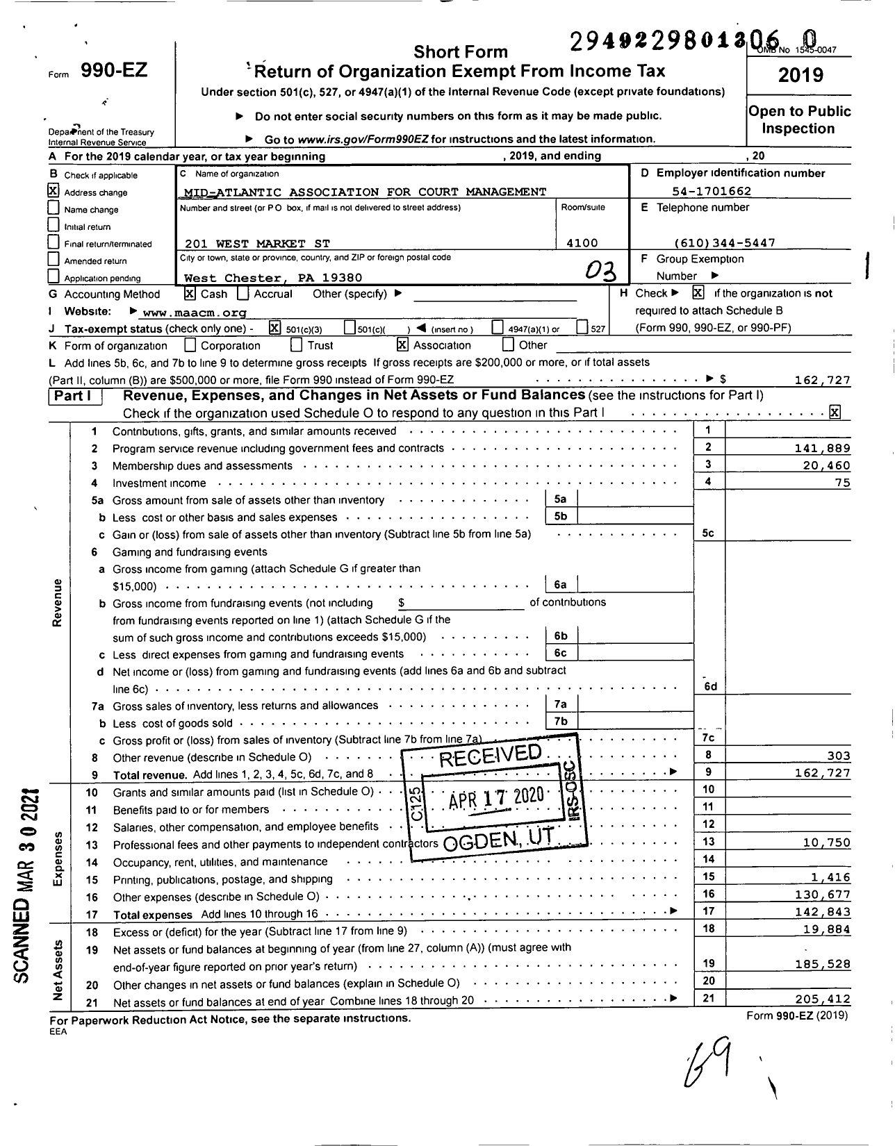 Image of first page of 2019 Form 990EZ for Mid-Atlantic Association for Court Management