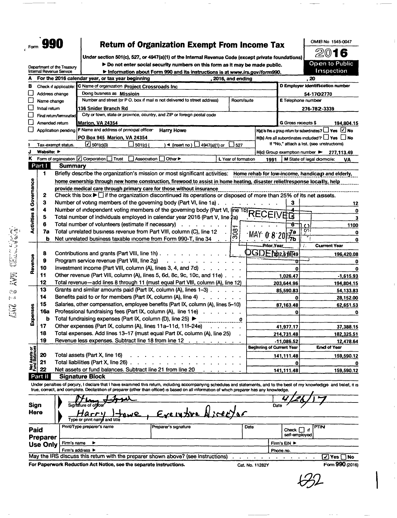 Image of first page of 2016 Form 990 for Project Crossroads