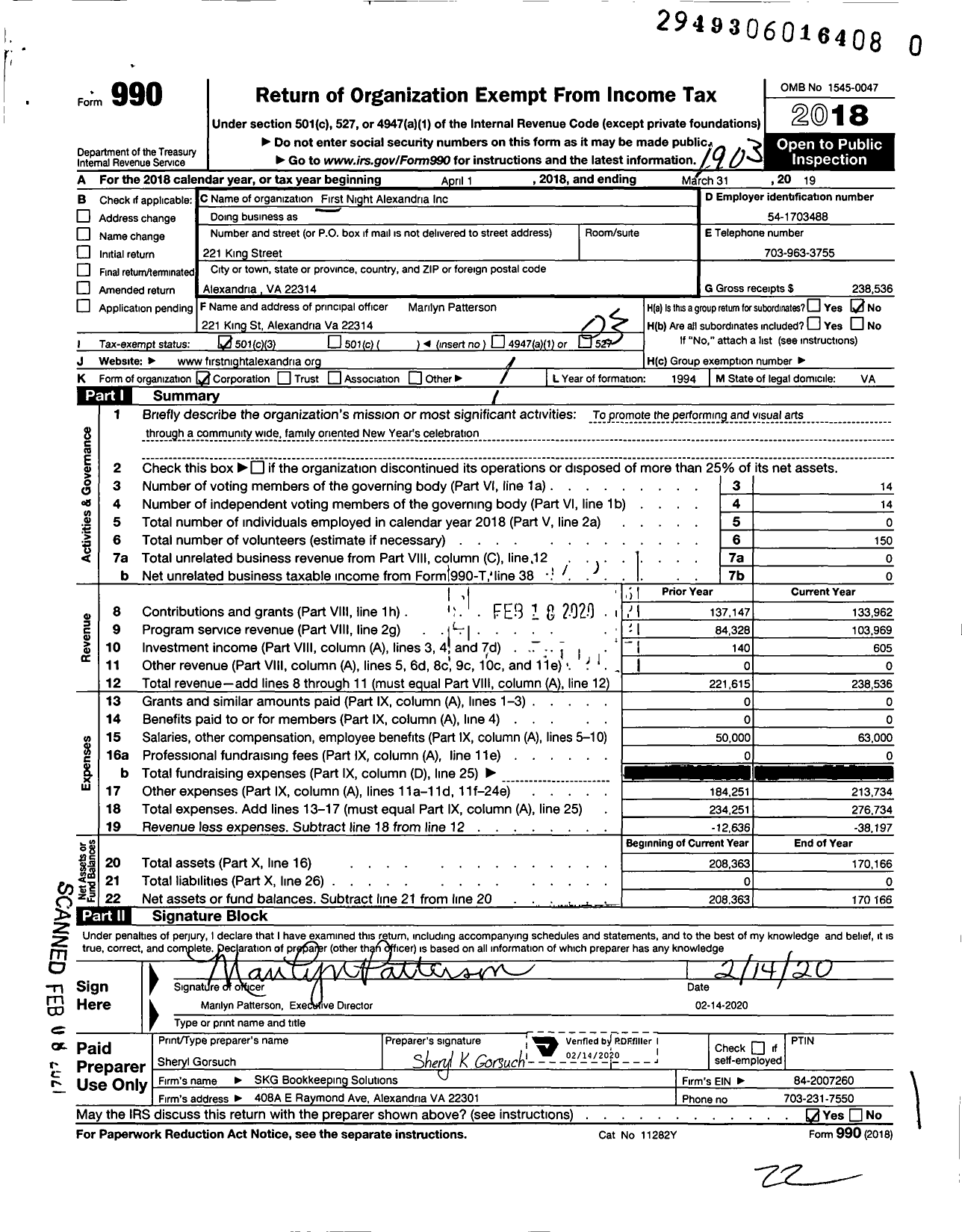 Image of first page of 2018 Form 990 for First Night Alexandria