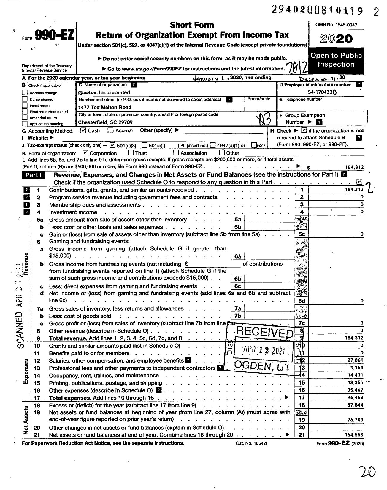 Image of first page of 2020 Form 990EZ for Givebac