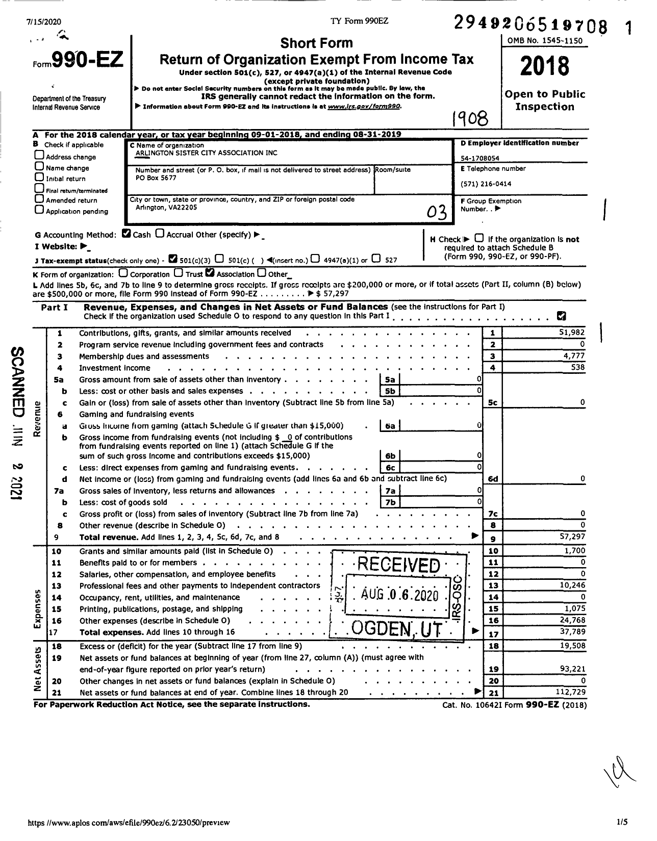 Image of first page of 2018 Form 990EZ for Arlington Sister City Association