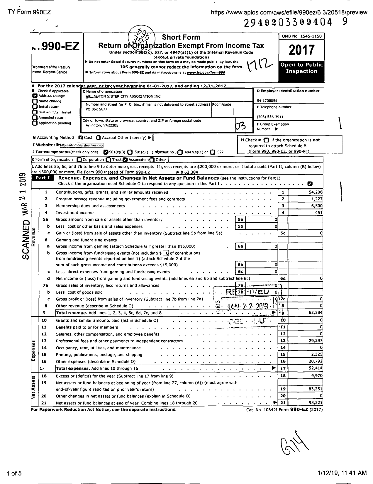 Image of first page of 2017 Form 990EZ for Arlington Sister City Association