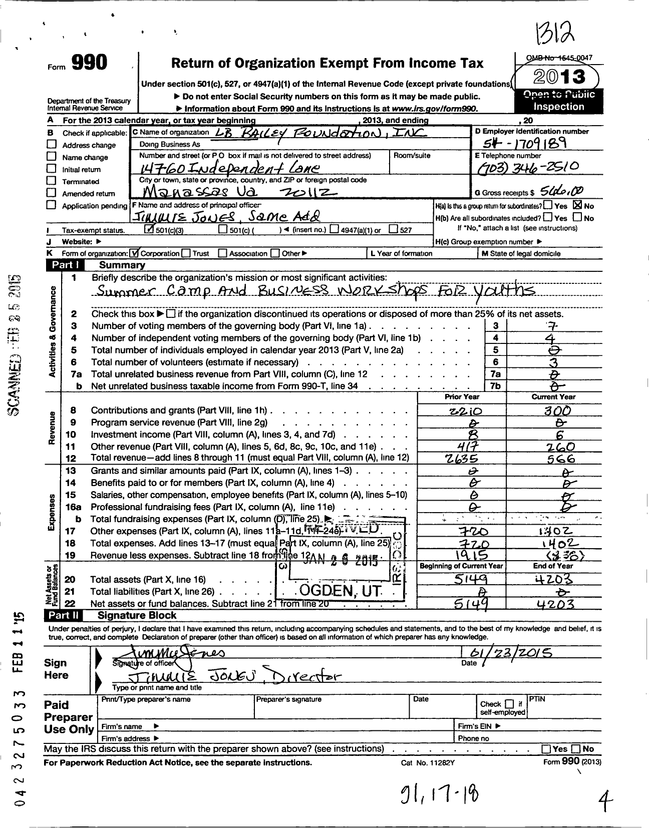 Image of first page of 2013 Form 990 for LB Bailey Foundation