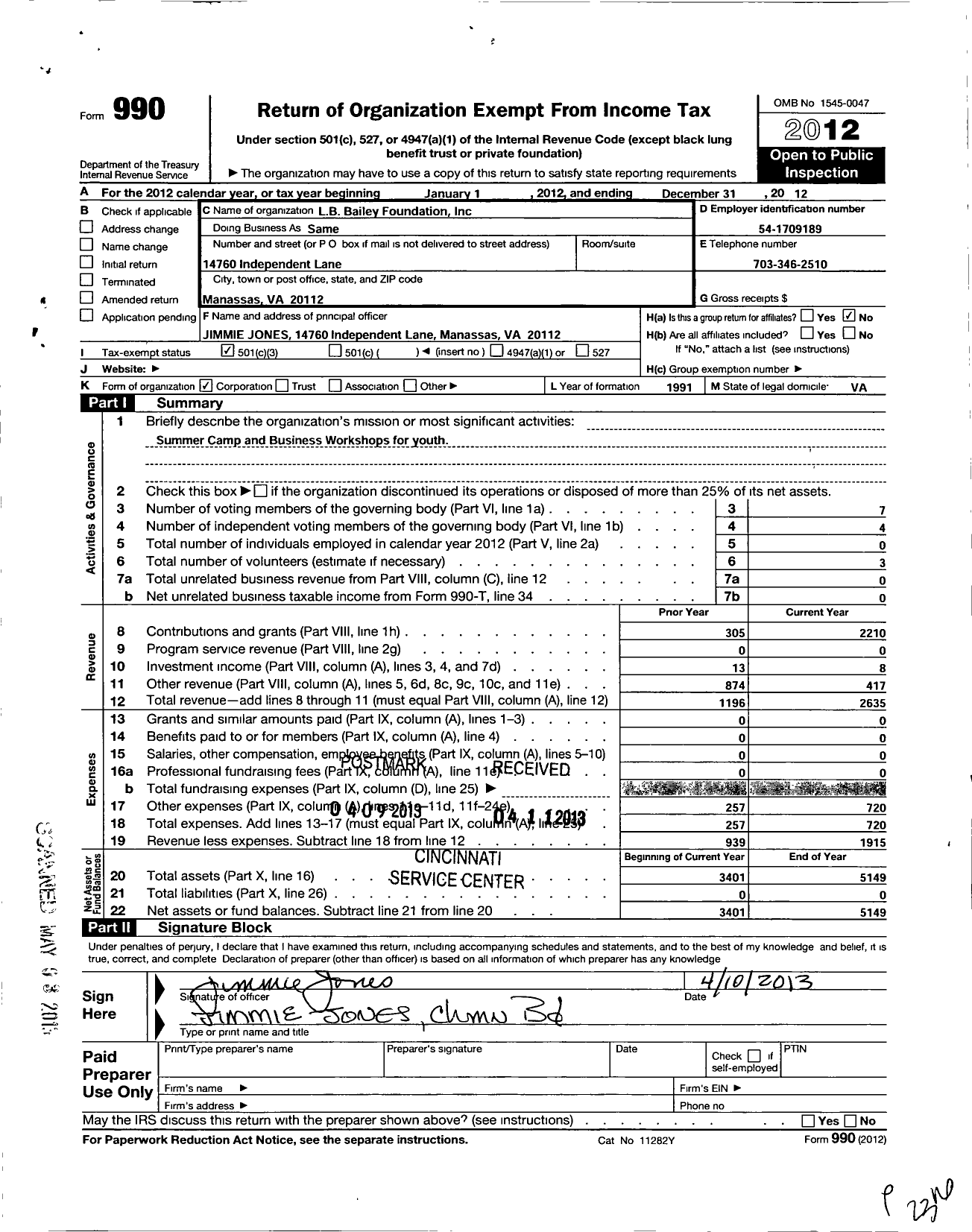 Image of first page of 2012 Form 990 for LB Bailey Foundation