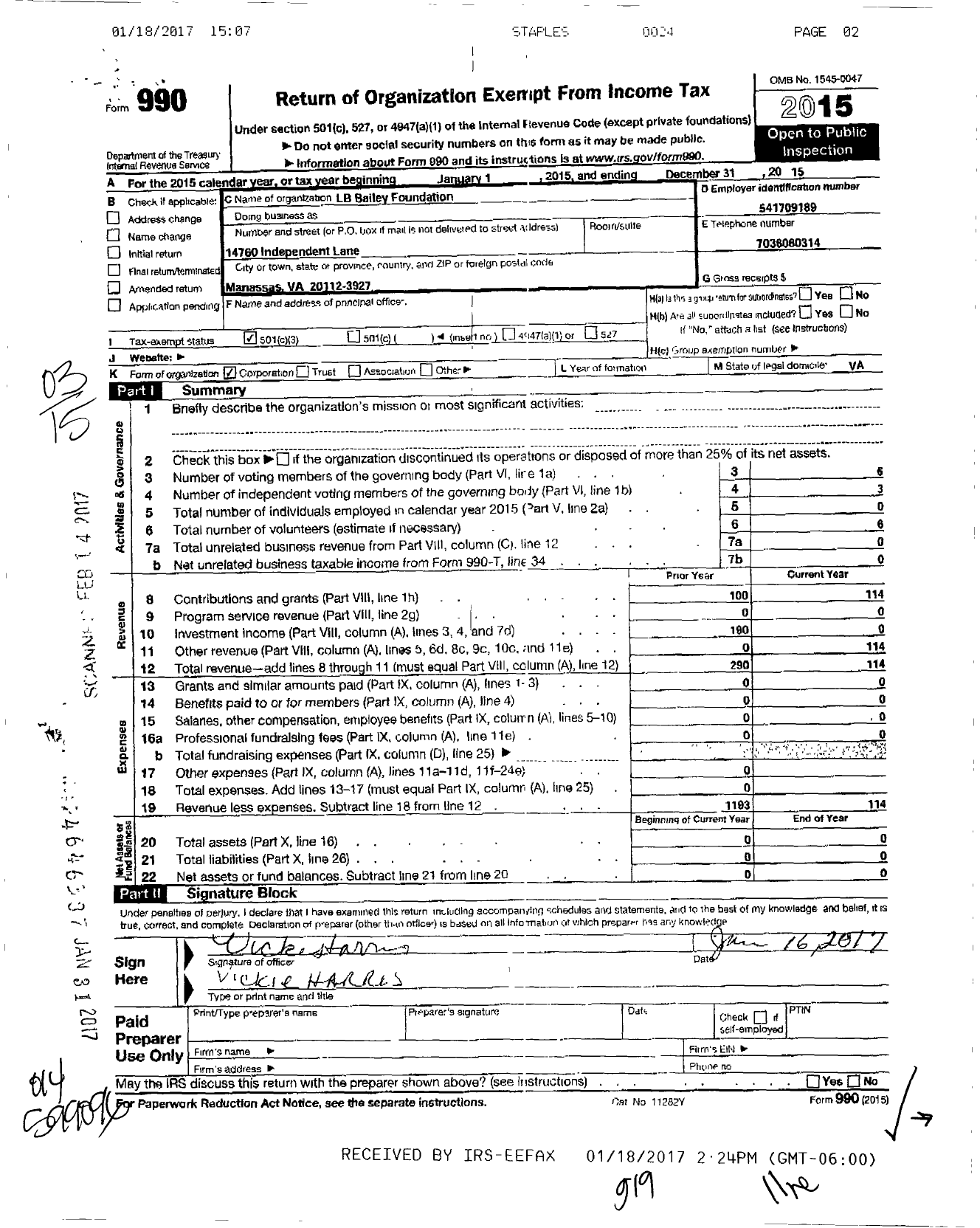 Image of first page of 2015 Form 990 for LB Bailey Foundation