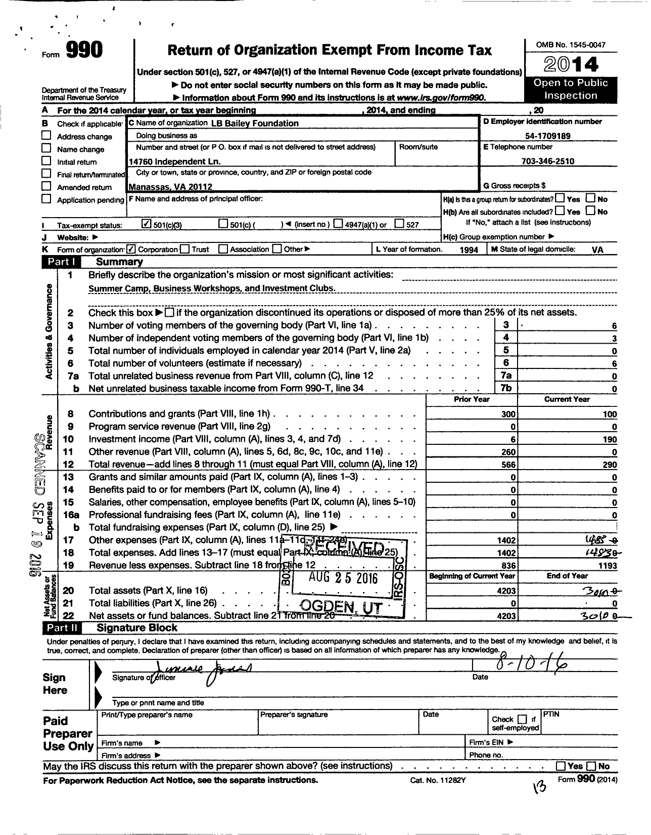 Image of first page of 2014 Form 990 for LB Bailey Foundation