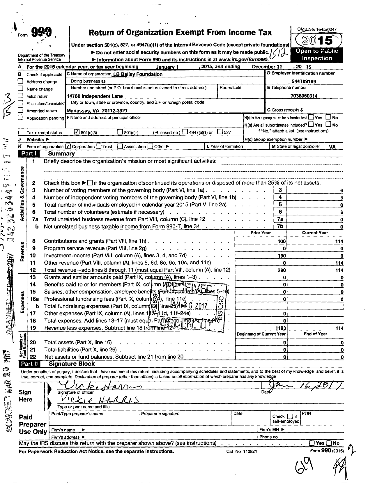 Image of first page of 2015 Form 990 for LB Bailey Foundation