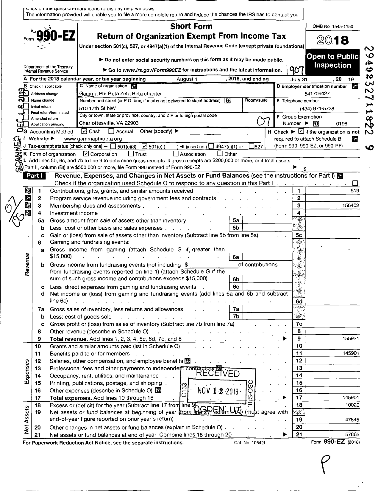 Image of first page of 2018 Form 990EO for Gamma Phi Beta Sorority - Zeta Beta Chapter