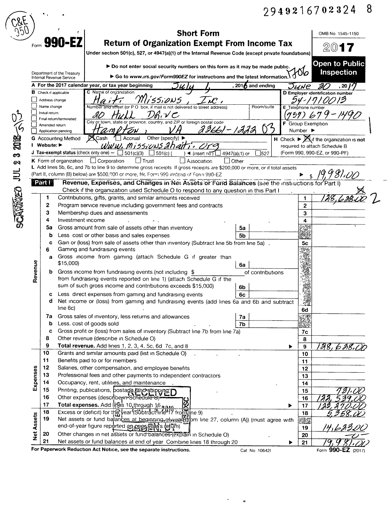 Image of first page of 2016 Form 990EZ for Bethanie Evangelical Mission of Haiti Ii