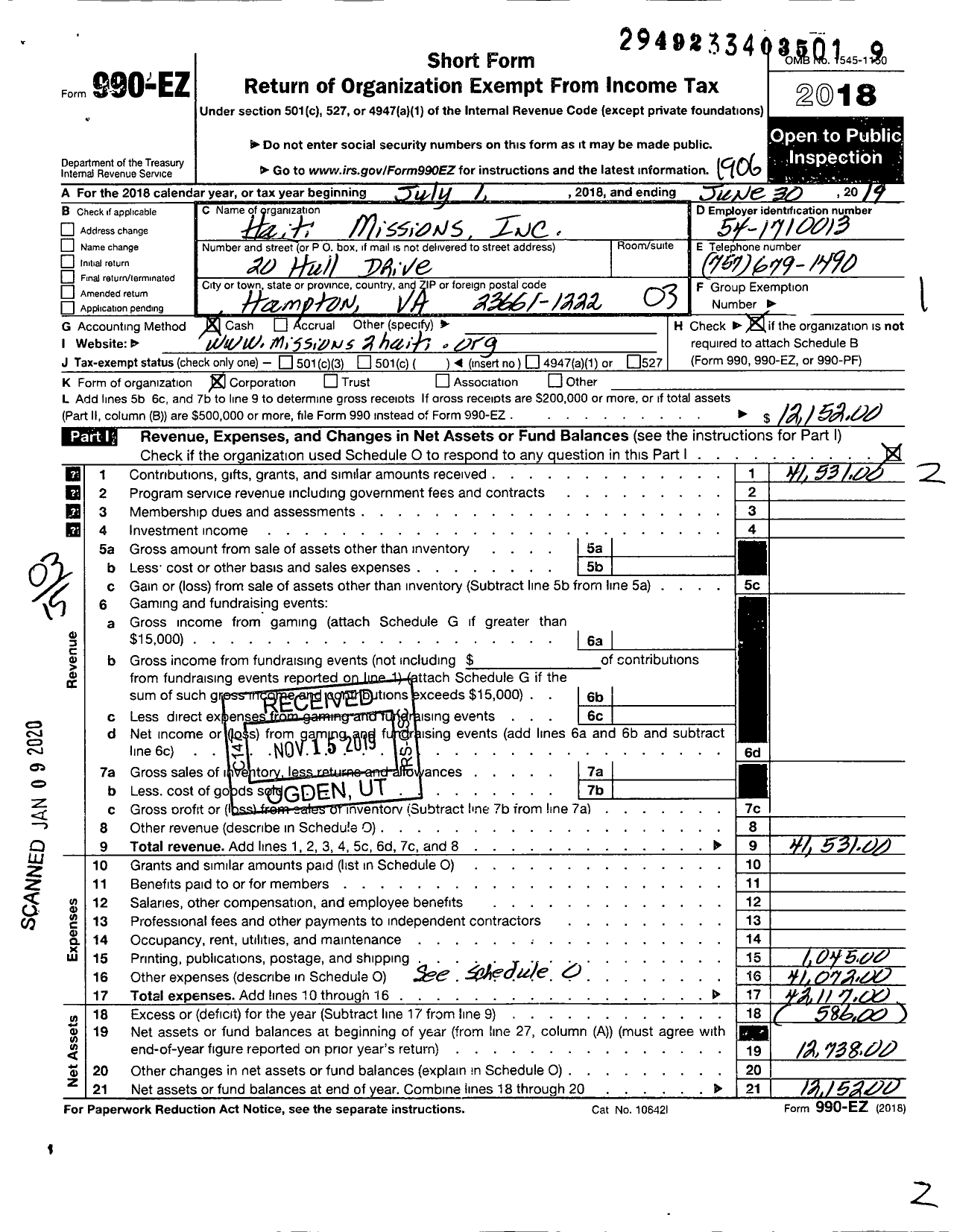 Image of first page of 2018 Form 990EZ for Bethanie Evangelical Mission of Haiti Ii