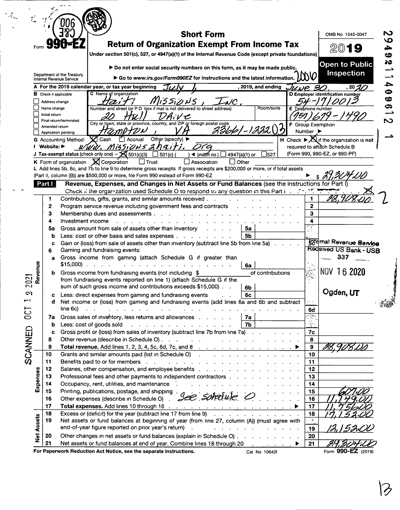 Image of first page of 2019 Form 990EZ for Bethanie Evangelical Mission of Haiti Ii